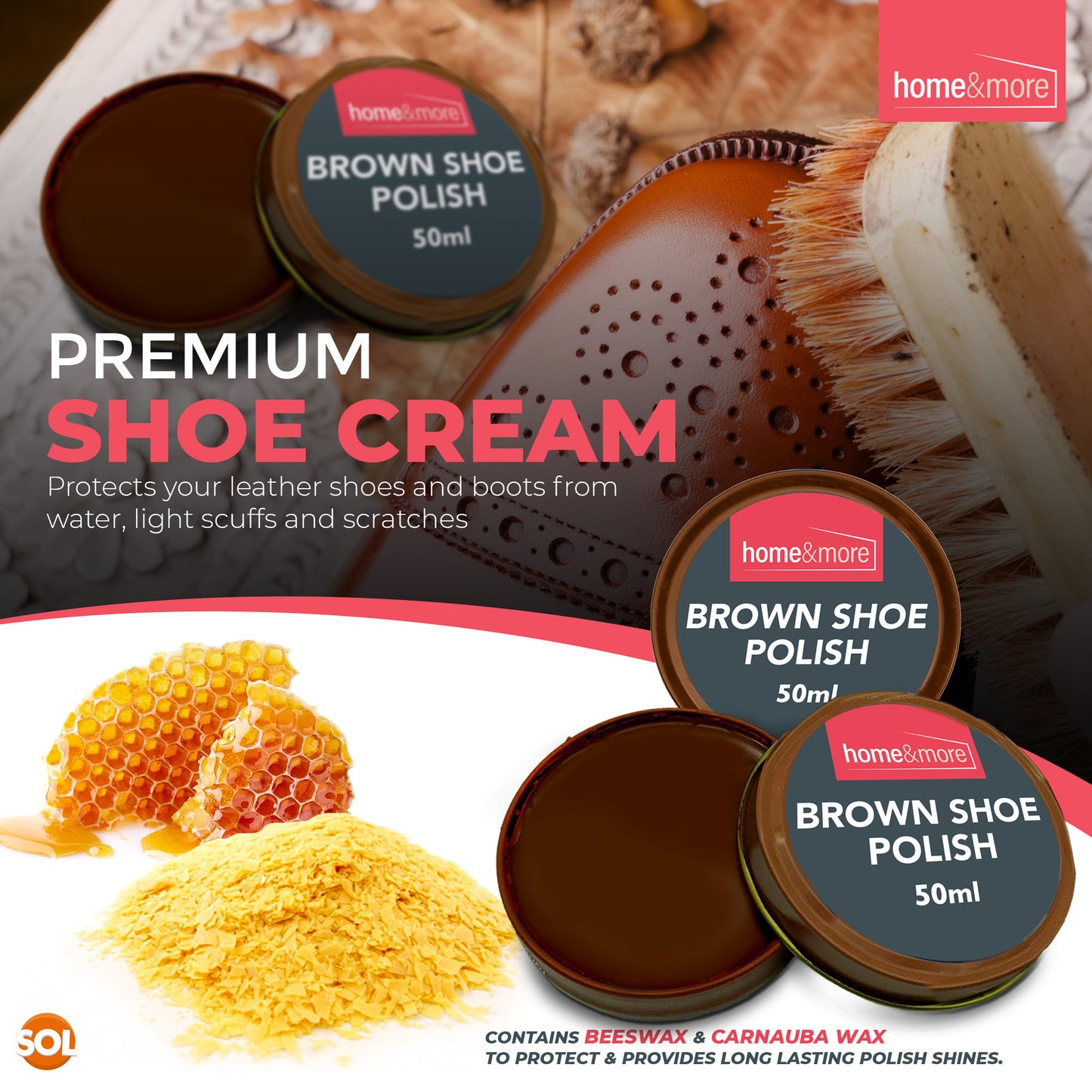 Wax Shoe Polish Brown 50ml | Leather Boot Cleaner | 6 Pack