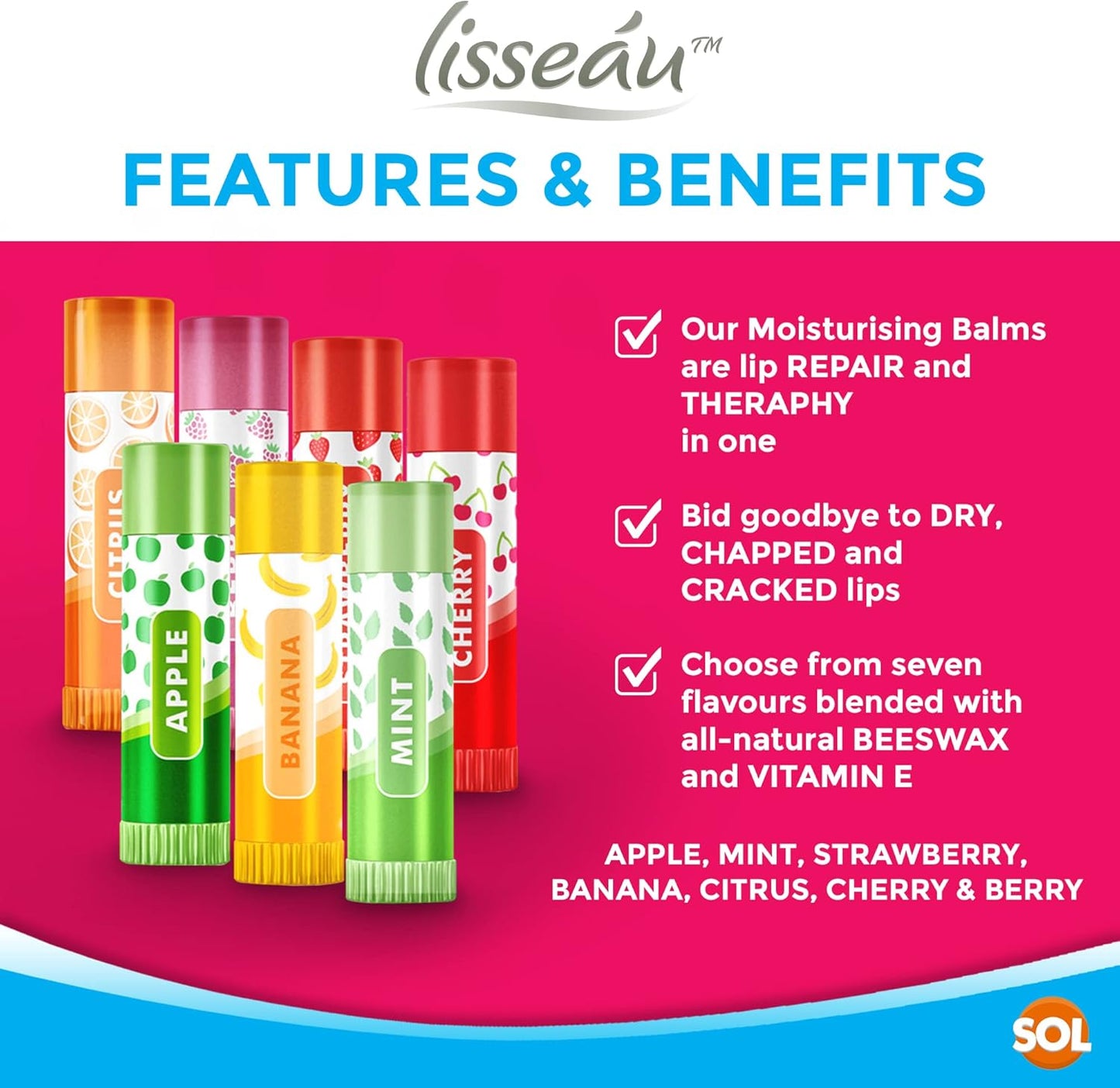 7pk Lip Balm Set Multi Pack Stick Fruit Flavoured Moisturising Beeswax Vitamin E