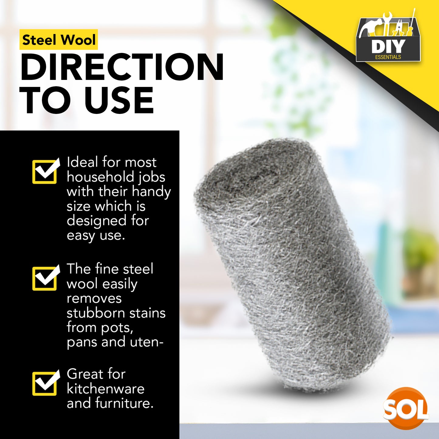 SOL 48pk Steel Wool Pads – Fine Grade 0 Metal Scourers for Polishing, Buffing, Rust Removal, Paint Prep – Multipurpose Scourers for Cleaning Wood, Furniture, Surfaces & DIY Tasks