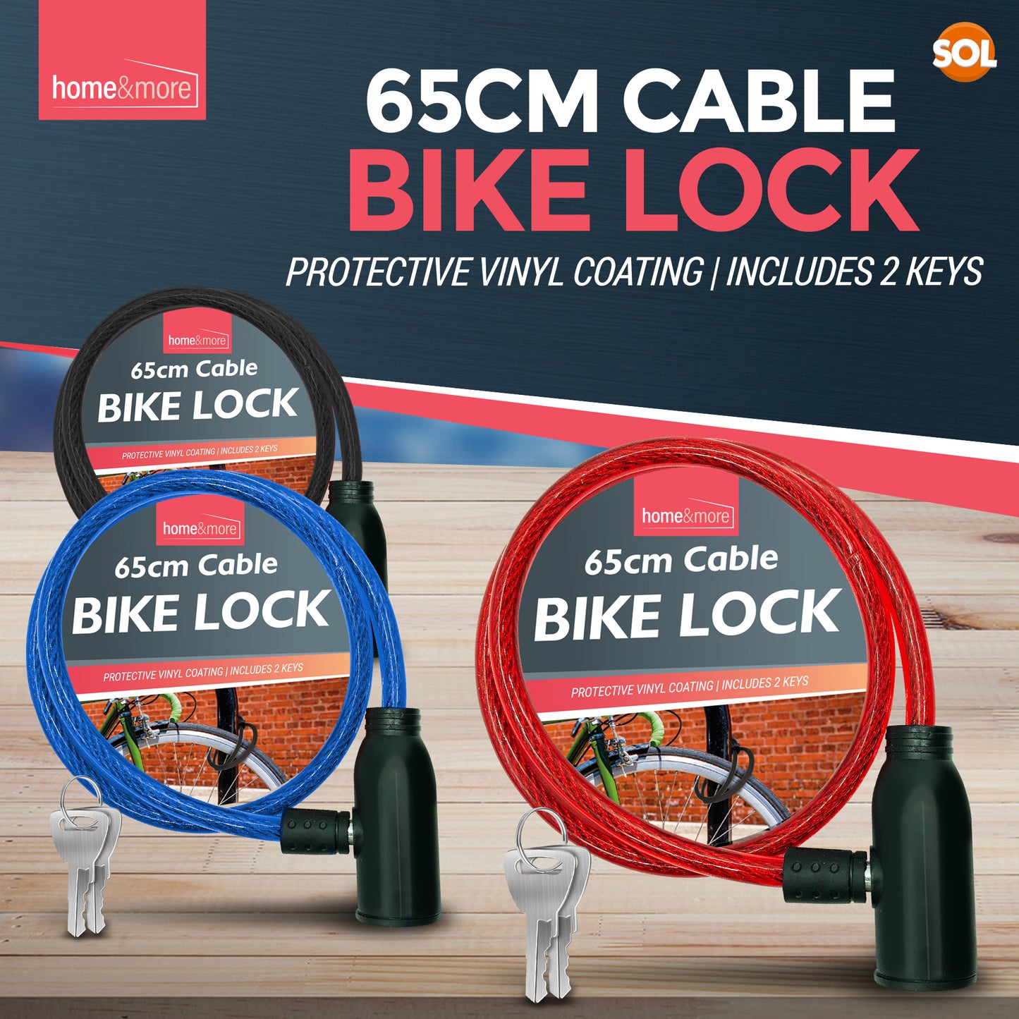 Bike Lock Cable with Keys 650mm | Steel Bicycle Security | 2 Pack
