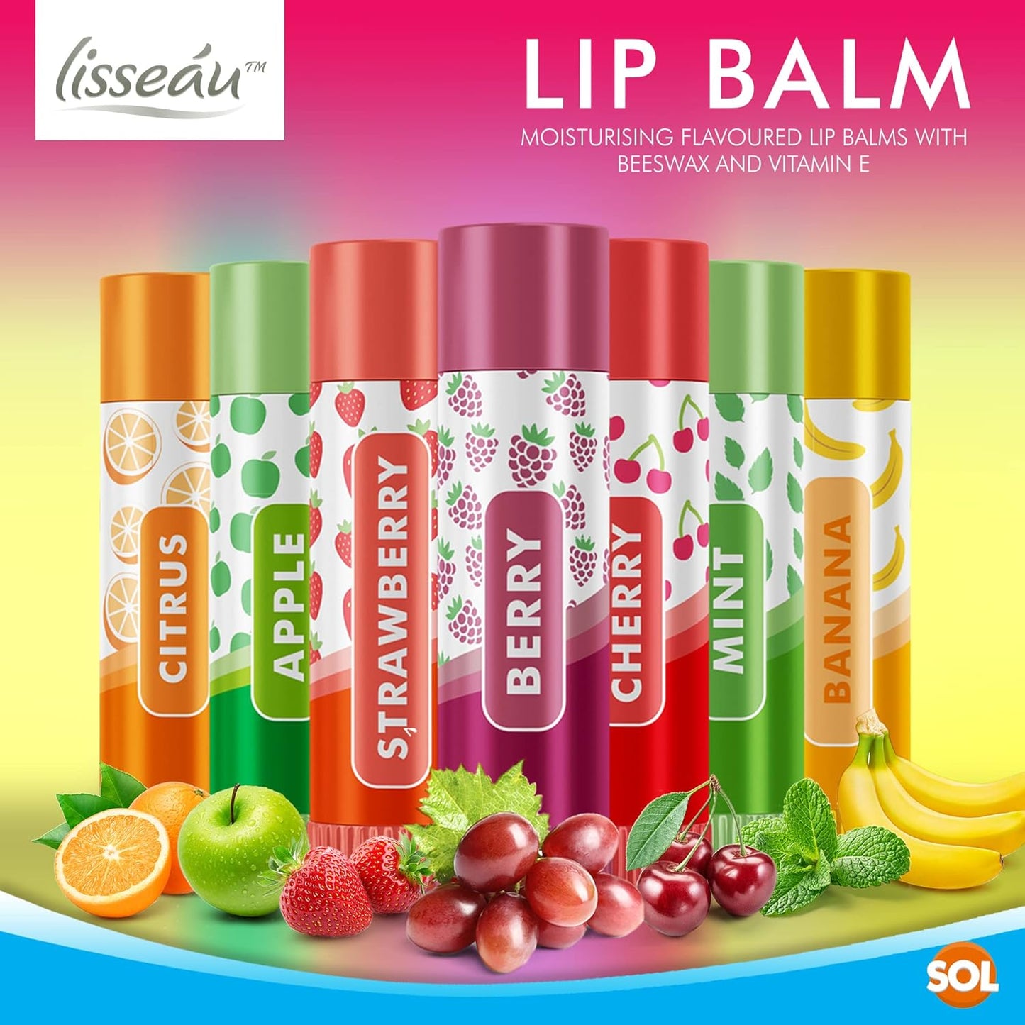 7pk Lip Balm Set Multi Pack Stick Fruit Flavoured Moisturising Beeswax Vitamin E