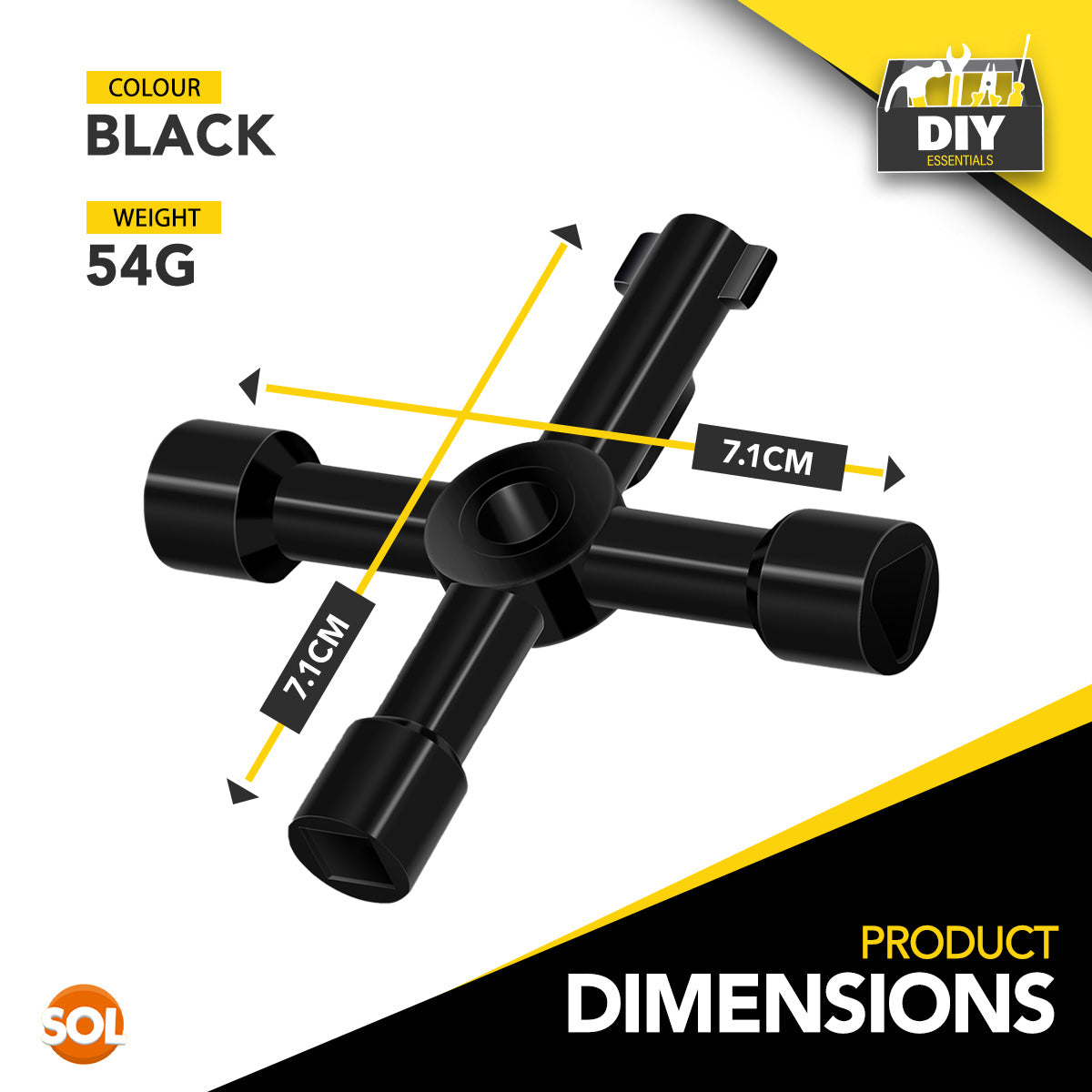 Black tool component with dimensions and weight information on a white background
