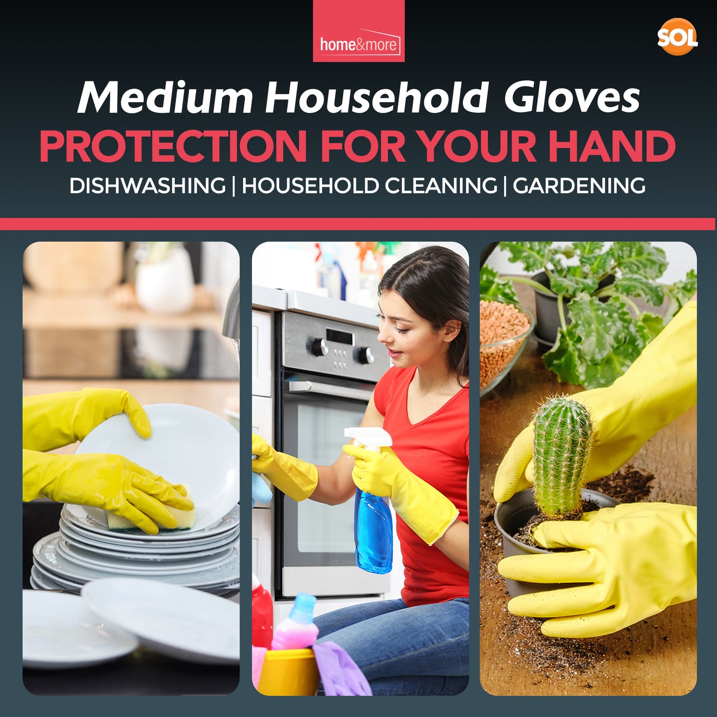 Rubber Gloves Medium | Long Sleeve Household Cleaning | 4 Pairs