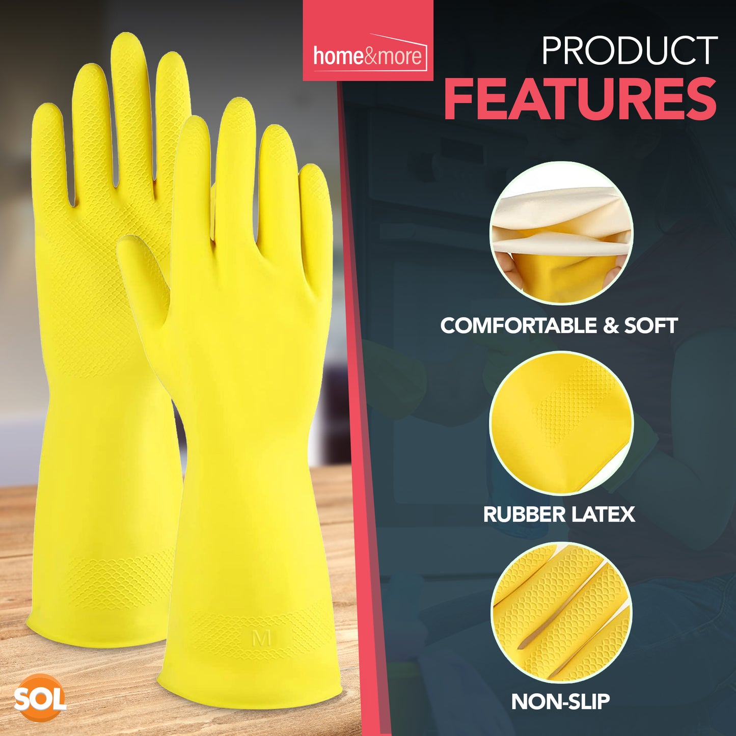 Rubber Gloves Medium | Long Sleeve Household Cleaning | 4 Pairs