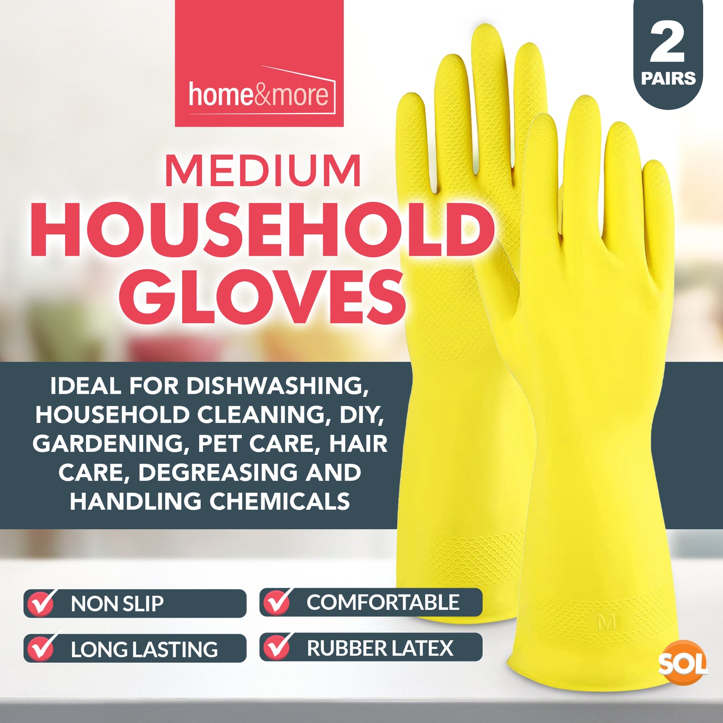 Rubber Gloves Medium | Long Sleeve Household Cleaning | 4 Pairs