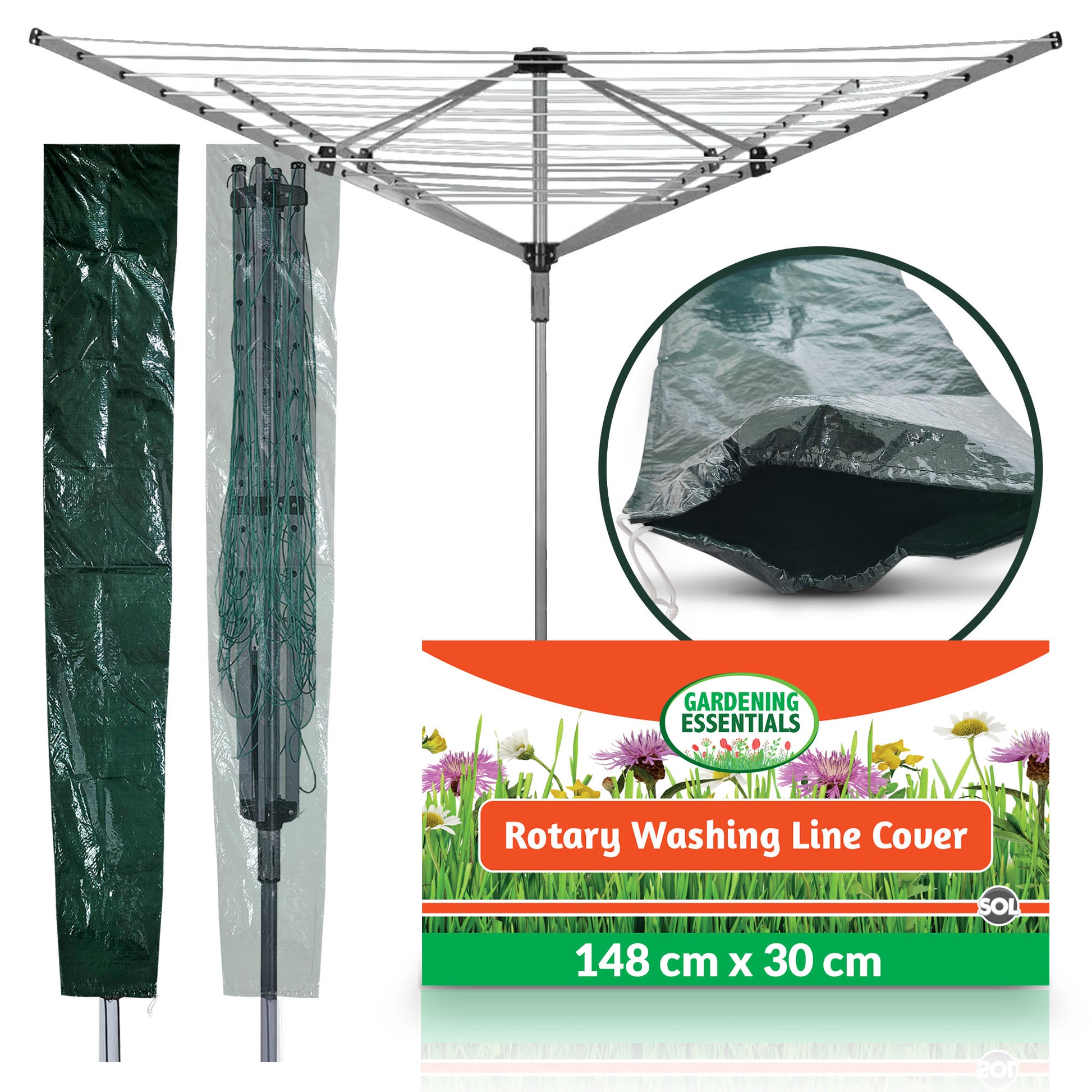 A green rotary washing line cover displayed on a rotary clothes airer in a garden setting. The cover is shown both on and off the airer, highlighting its use and fit.