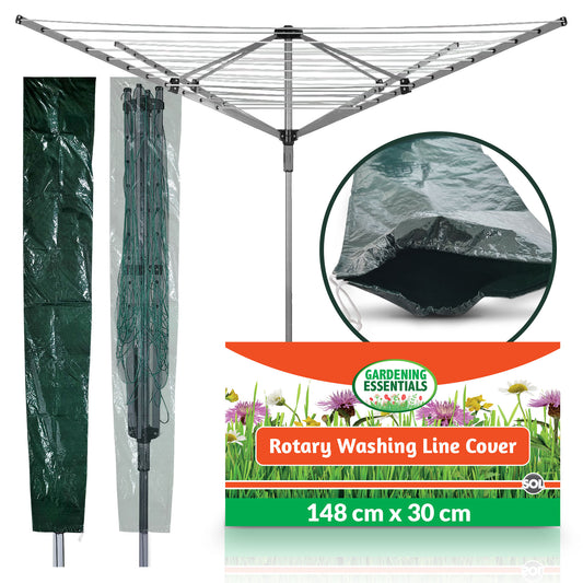 A green rotary washing line cover displayed on a rotary clothes airer in a garden setting. The cover is shown both on and off the airer, highlighting its use and fit.