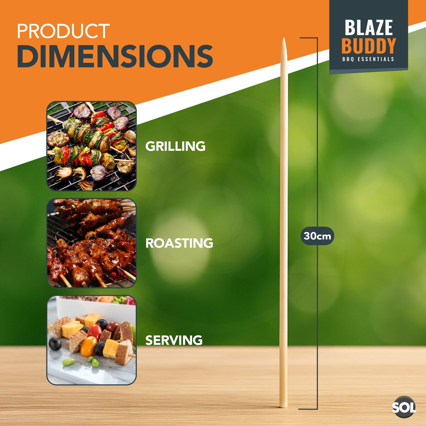 200 Bamboo Skewers 30cm 12" BBQ Kebab Fruit Chocolate Fondue Grill Wooden Sticks