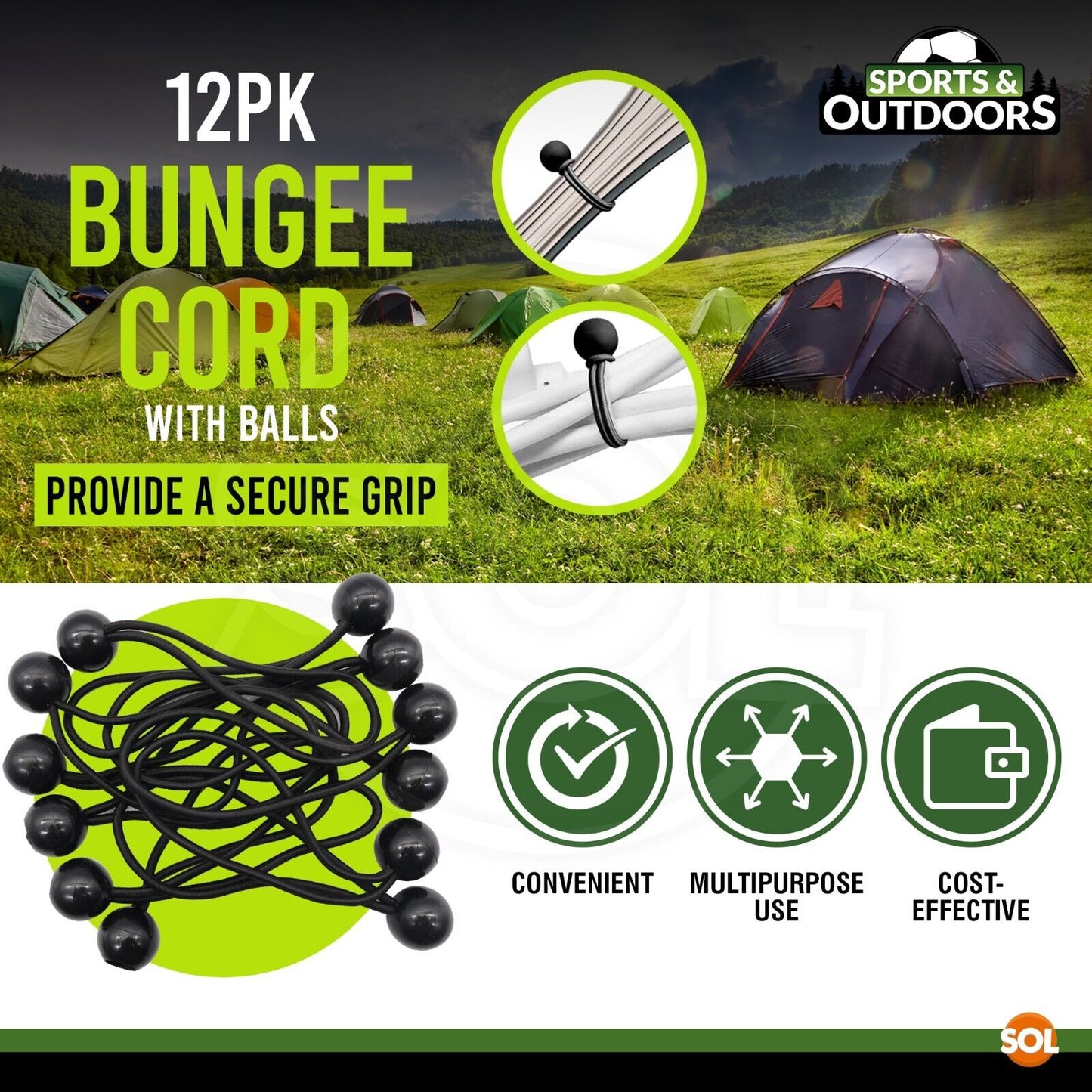 12-96pk Bungee Balls 6" Loops Black Elastic Shock Cord Tarpaulin Tarp Ties Tent