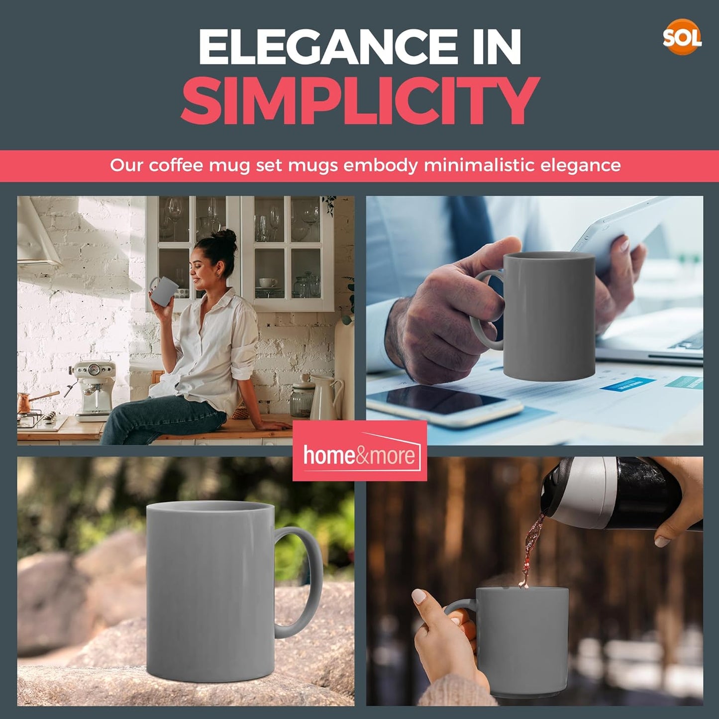 12-36 Set of GREY Mugs 330ml Large Stoneware Ceramic Coffee Tea Cup Bulk + Boxes