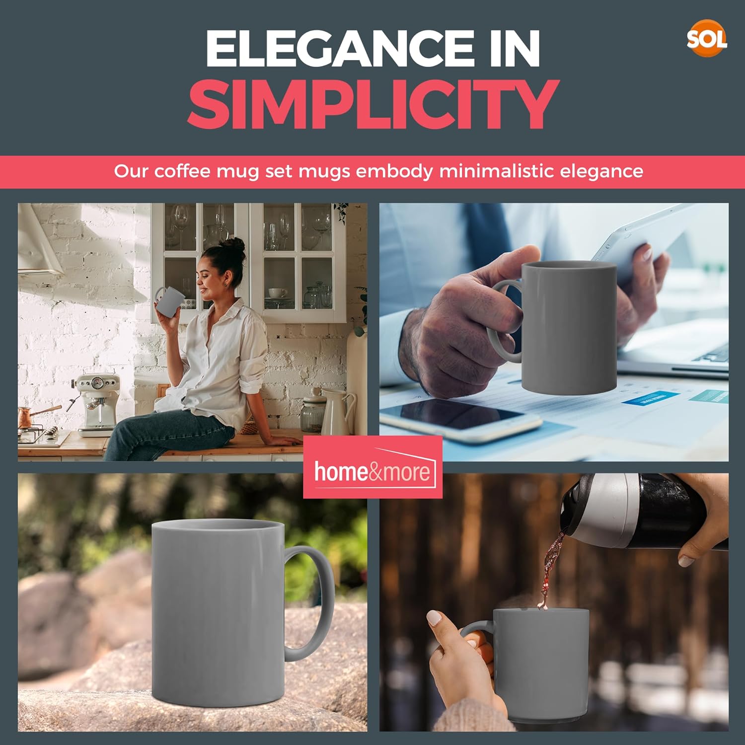 12-36 Set of GREY Mugs 330ml Large Stoneware Ceramic Coffee Tea Cup Bulk + Boxes