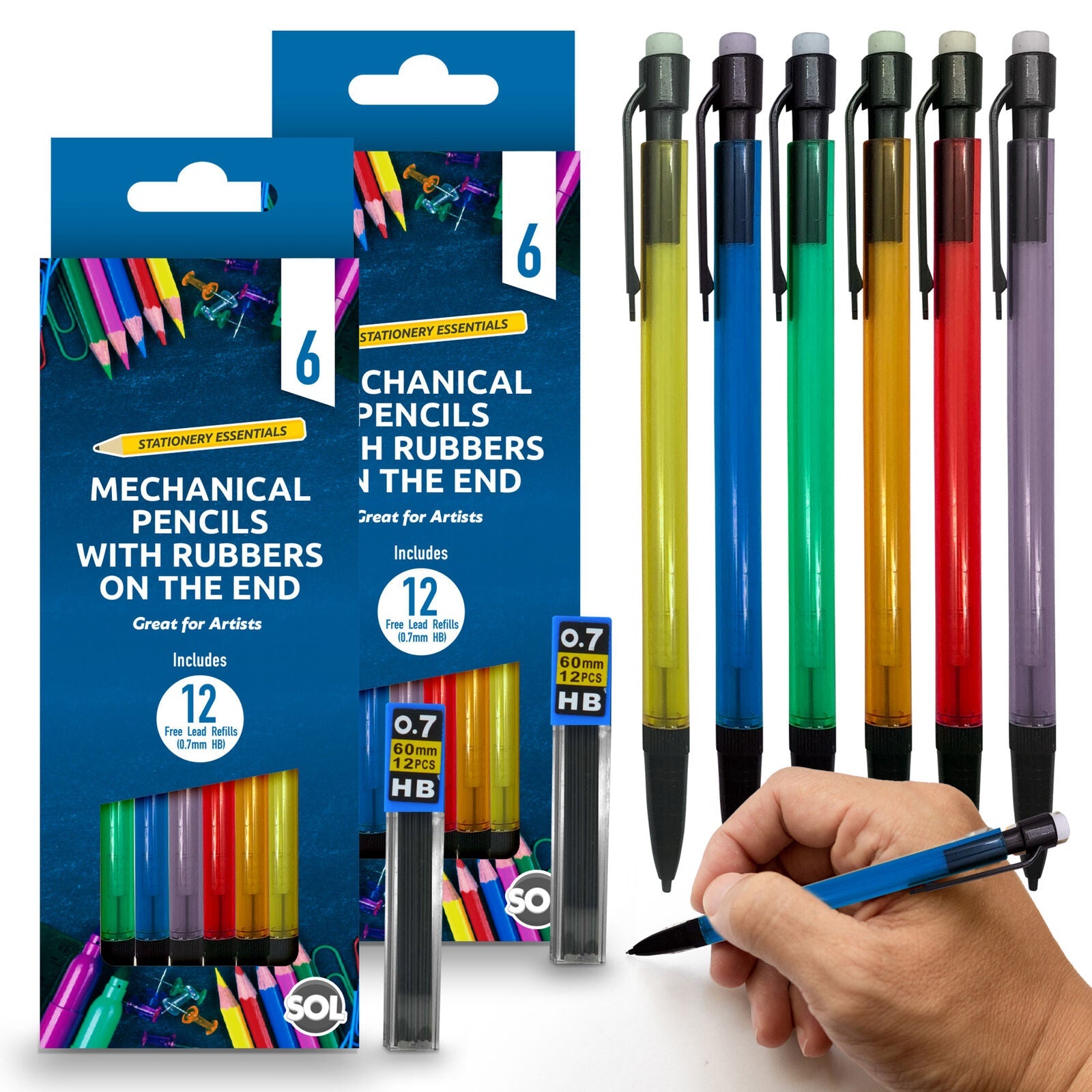 Mechanical Pencils Set 0.7mm with HB Lead Refills and Erasers | 6 Pack