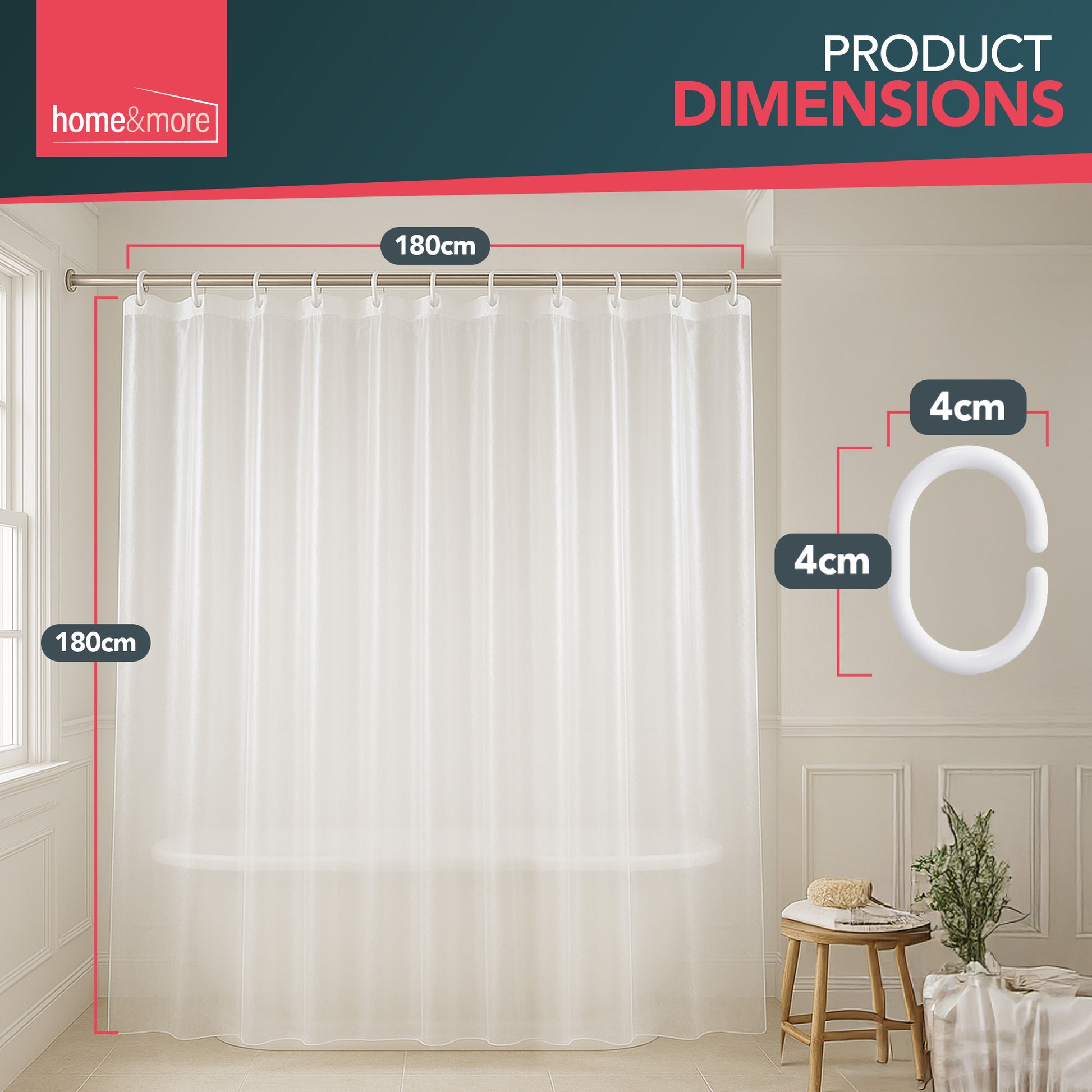 Shower Curtains Clear with Ring Hooks 180 x 180 cm Bathroom Waterproof Polyester
