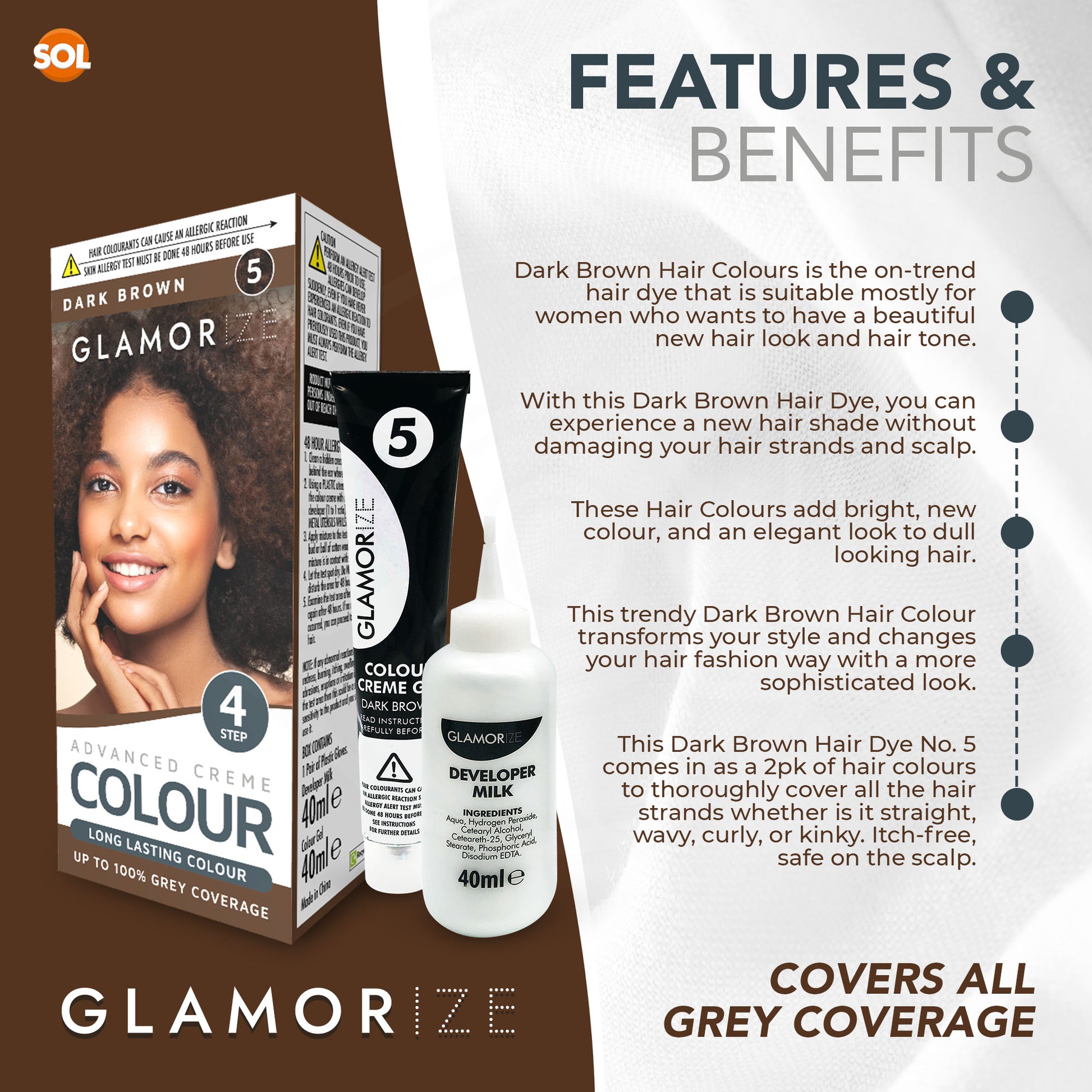 2pk Dark Brown Colour Permanent Hair Dye No.5 | Developer, Colour Gel & Gloves