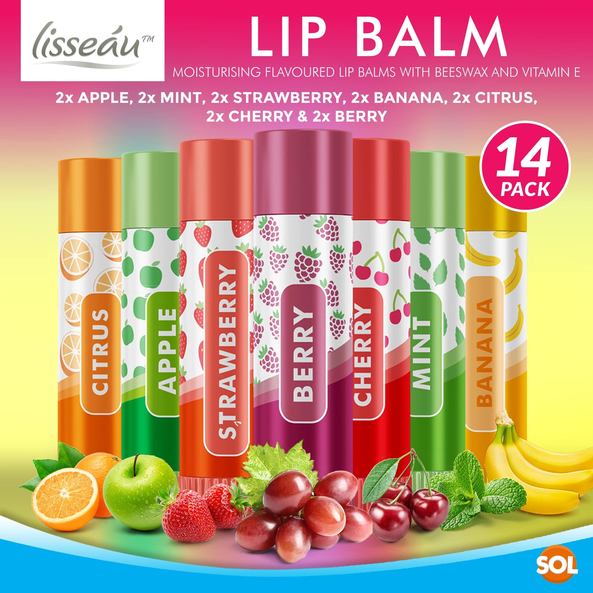 7-14 Fruit & Tinted Lip Balm Set Multi Pack Stick Moisturising Beeswax Vitamin E