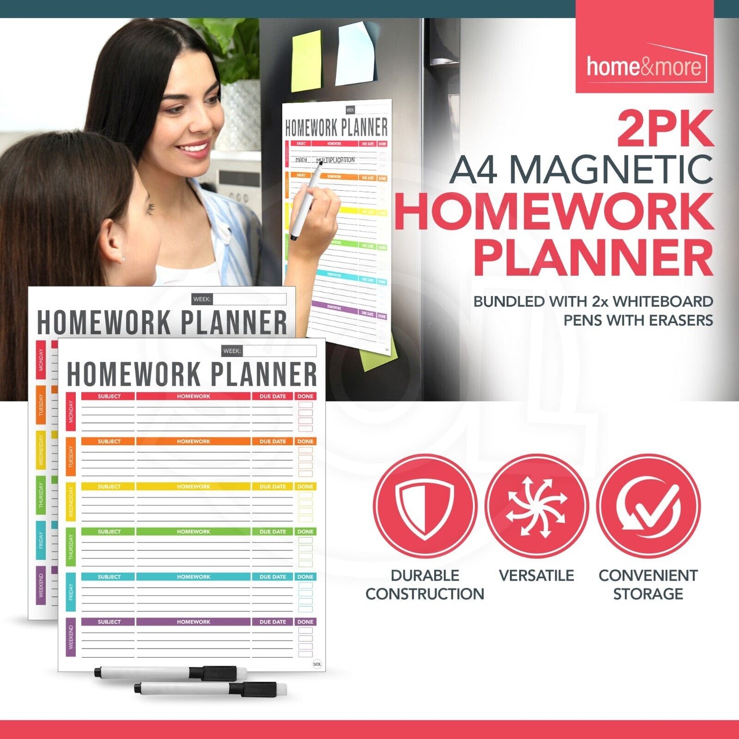 2pk Magnetic Homework Study Planner A4 Weekly Daily Revision Tracker + Wipe Pens