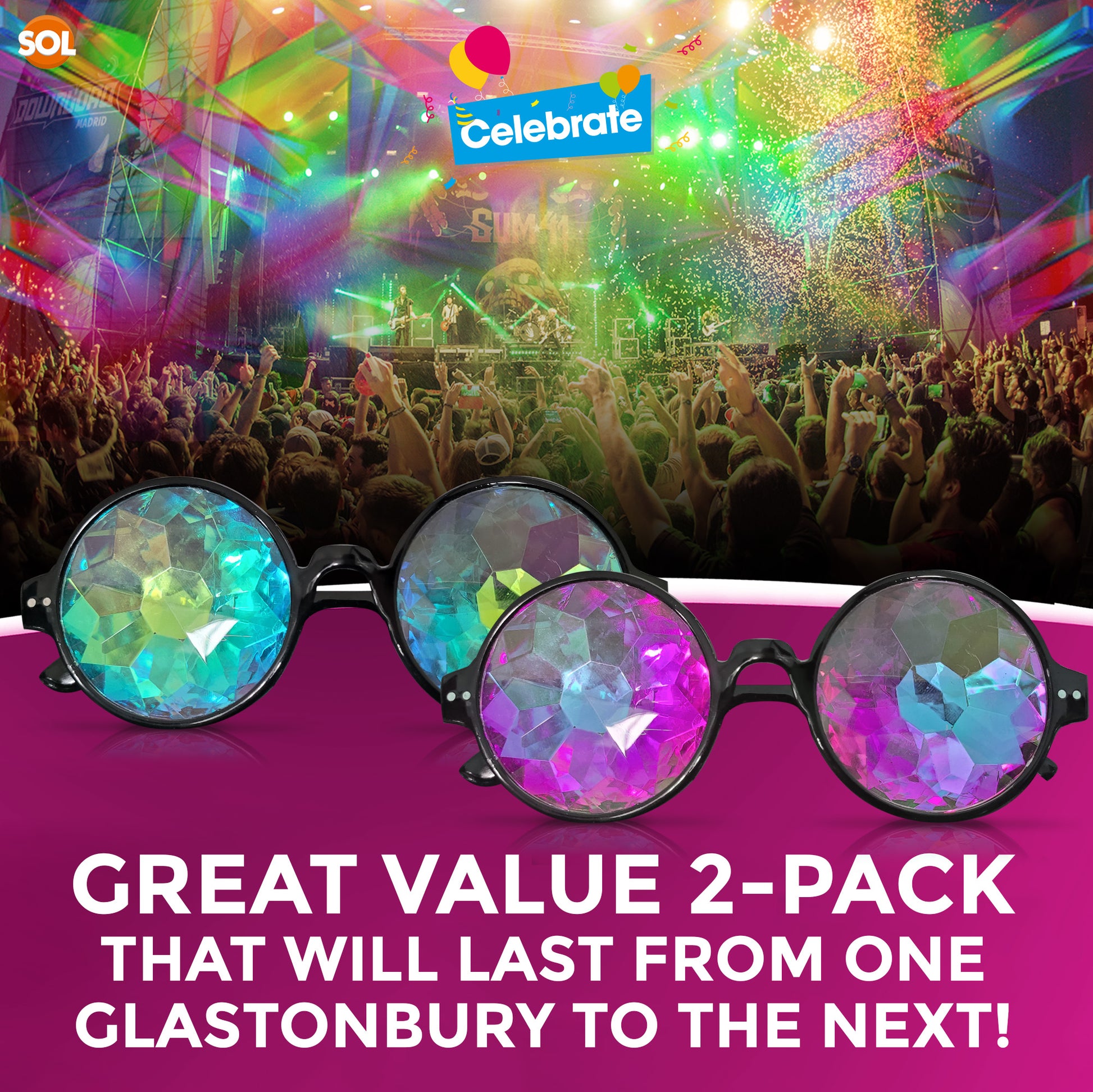 Kaleidoscope Glasses | Festival Rave Sunglasses Rainbow Lens | 2 Pack