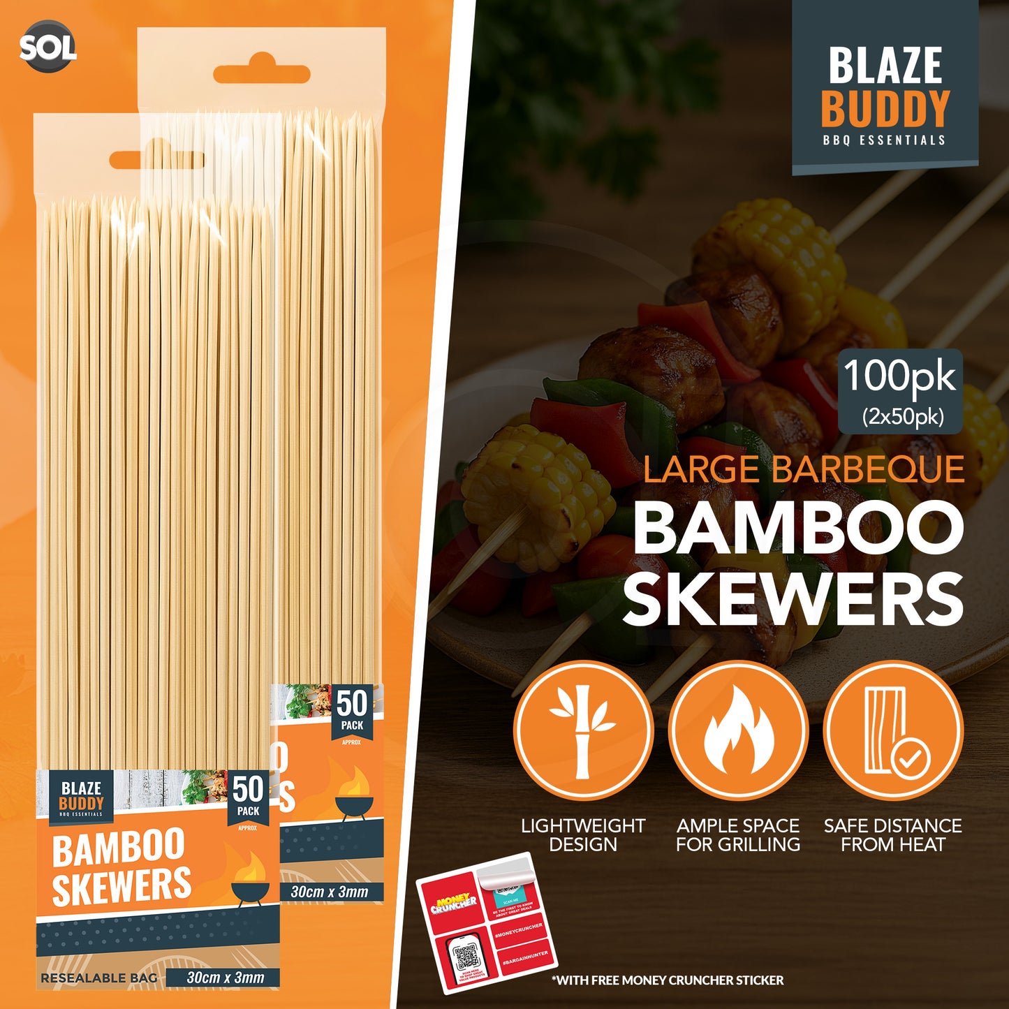 100 Bamboo Skewers 30cm 12" BBQ Kebab Fruit Chocolate Fondue Grill Wooden Sticks