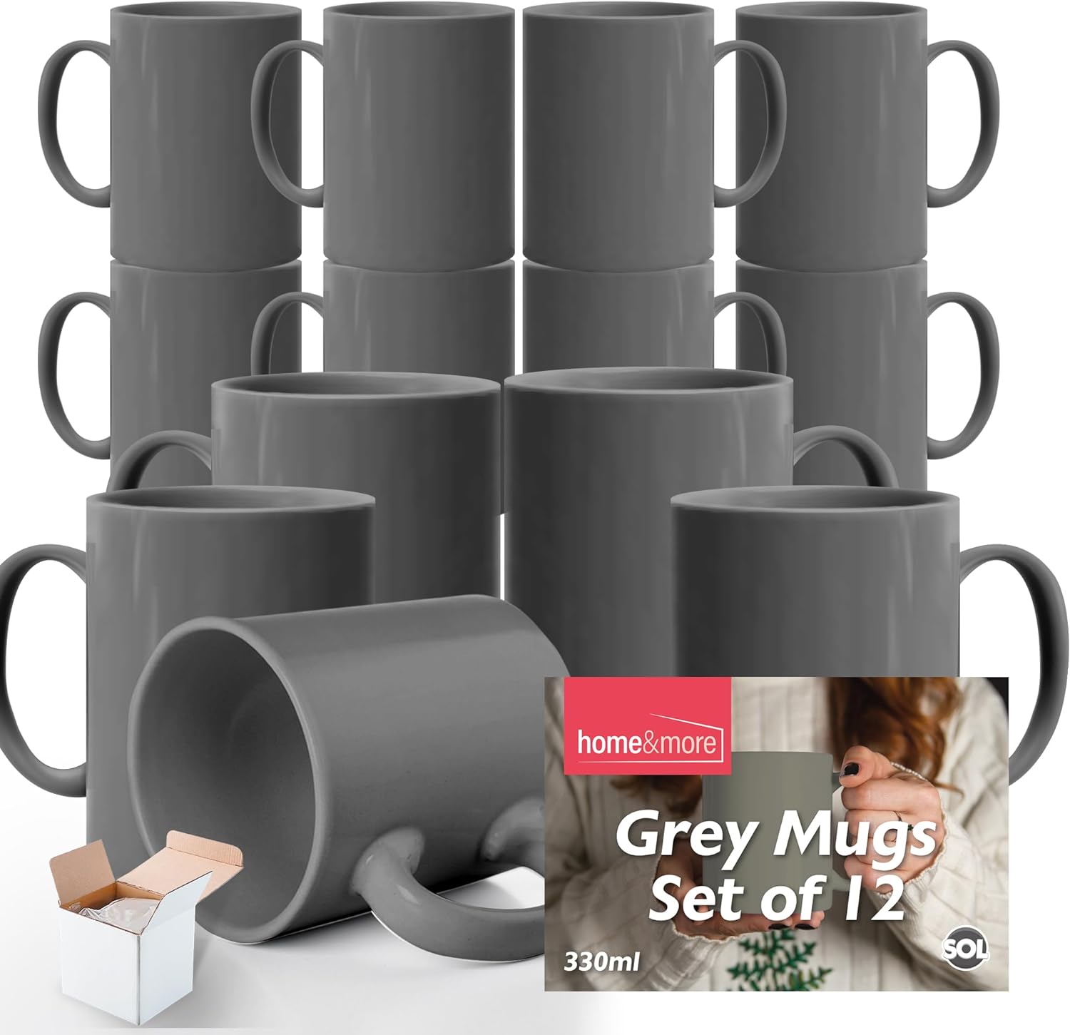 12-36 Set of GREY Mugs 330ml Large Stoneware Ceramic Coffee Tea Cup Bulk + Boxes