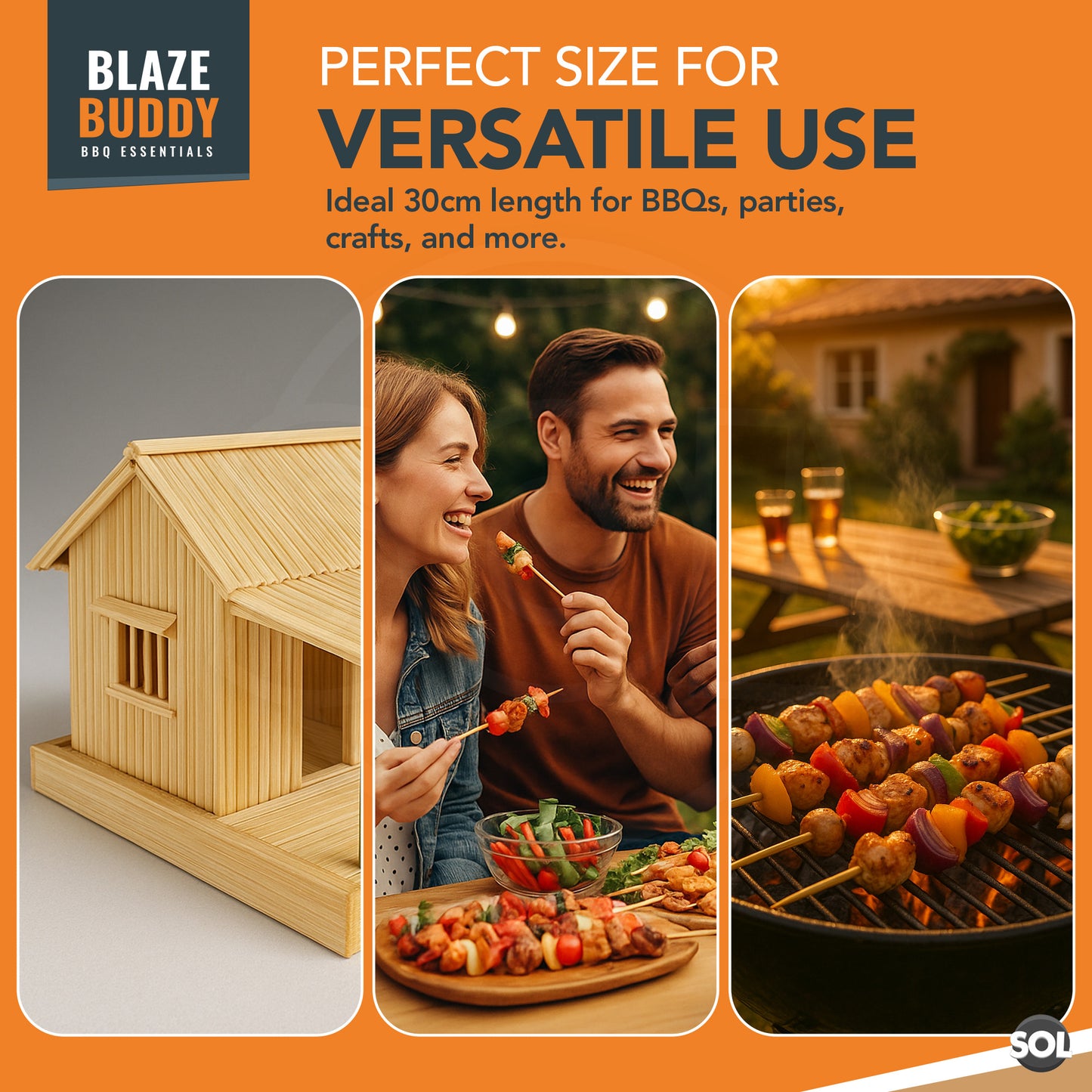 200 Bamboo Skewers 30cm 12" BBQ Kebab Fruit Chocolate Fondue Grill Wooden Sticks