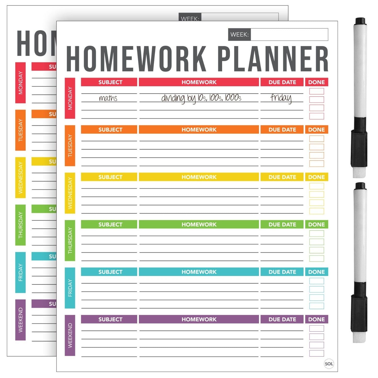 2pk Magnetic Homework Study Planner A4 Weekly Daily Revision Tracker + Wipe Pens