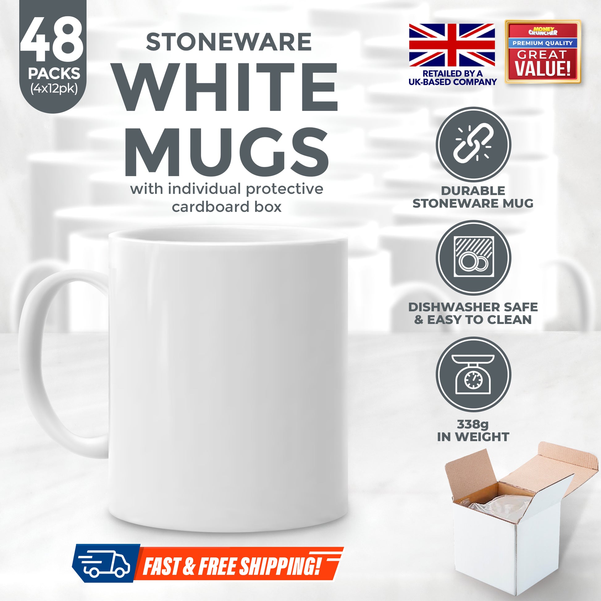 12-48pk Plain WHITE Mugs 11oz Large Coffee Tea Set of Blank Bulk Cups + Boxes