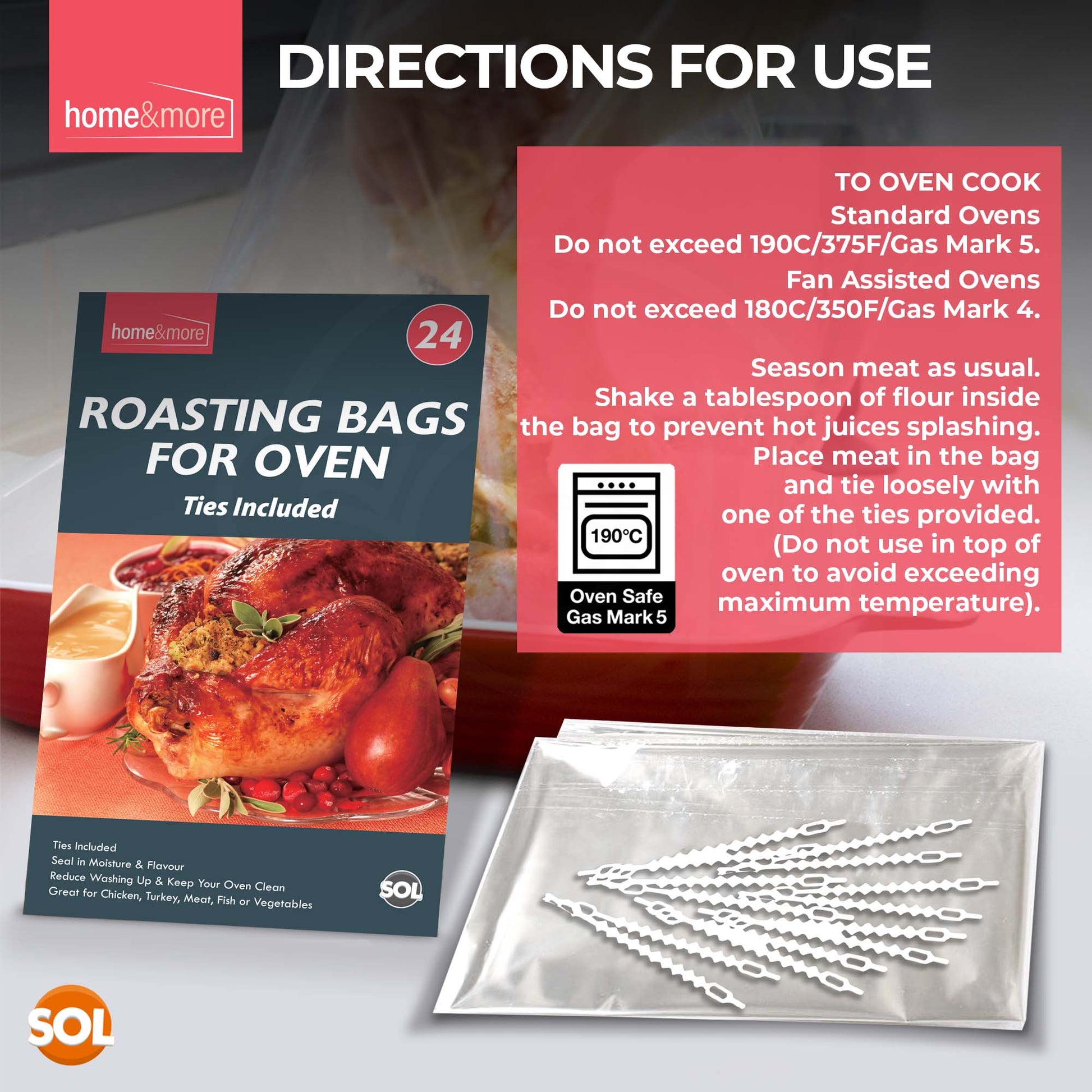 12-48 Large Roasting Bags Chicken Turkey Poultry Meat Fish Oven Cooking 25x38cm