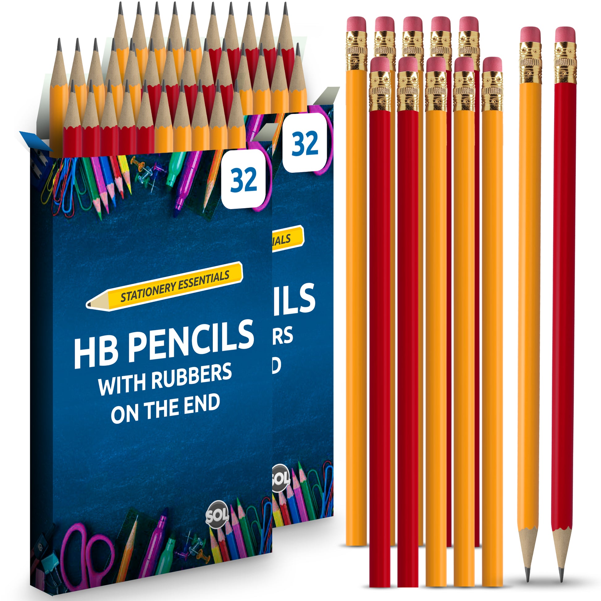 32-96 Strong HB Pencils with Eraser Rubber Tips Office School Drawing Art Craft
