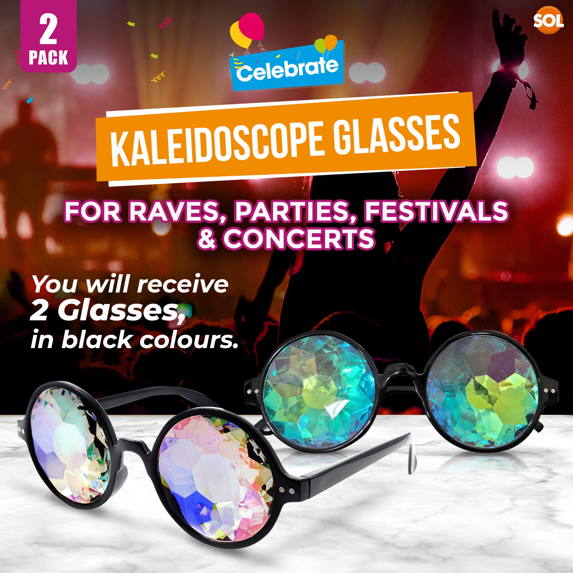 Kaleidoscope Glasses | Festival Rave Sunglasses Rainbow Lens | 2 Pack
