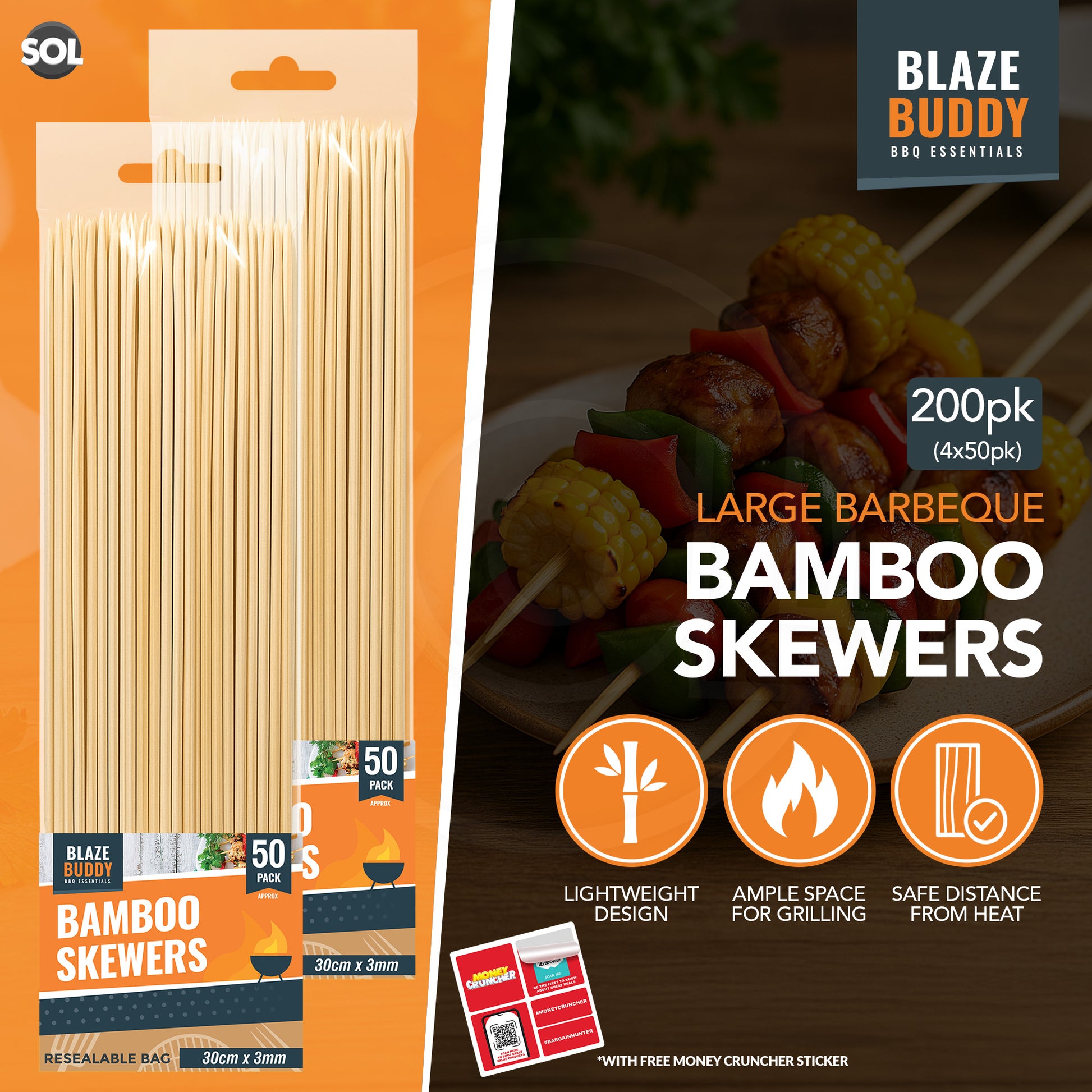 200 Bamboo Skewers 30cm 12" BBQ Kebab Fruit Chocolate Fondue Grill Wooden Sticks