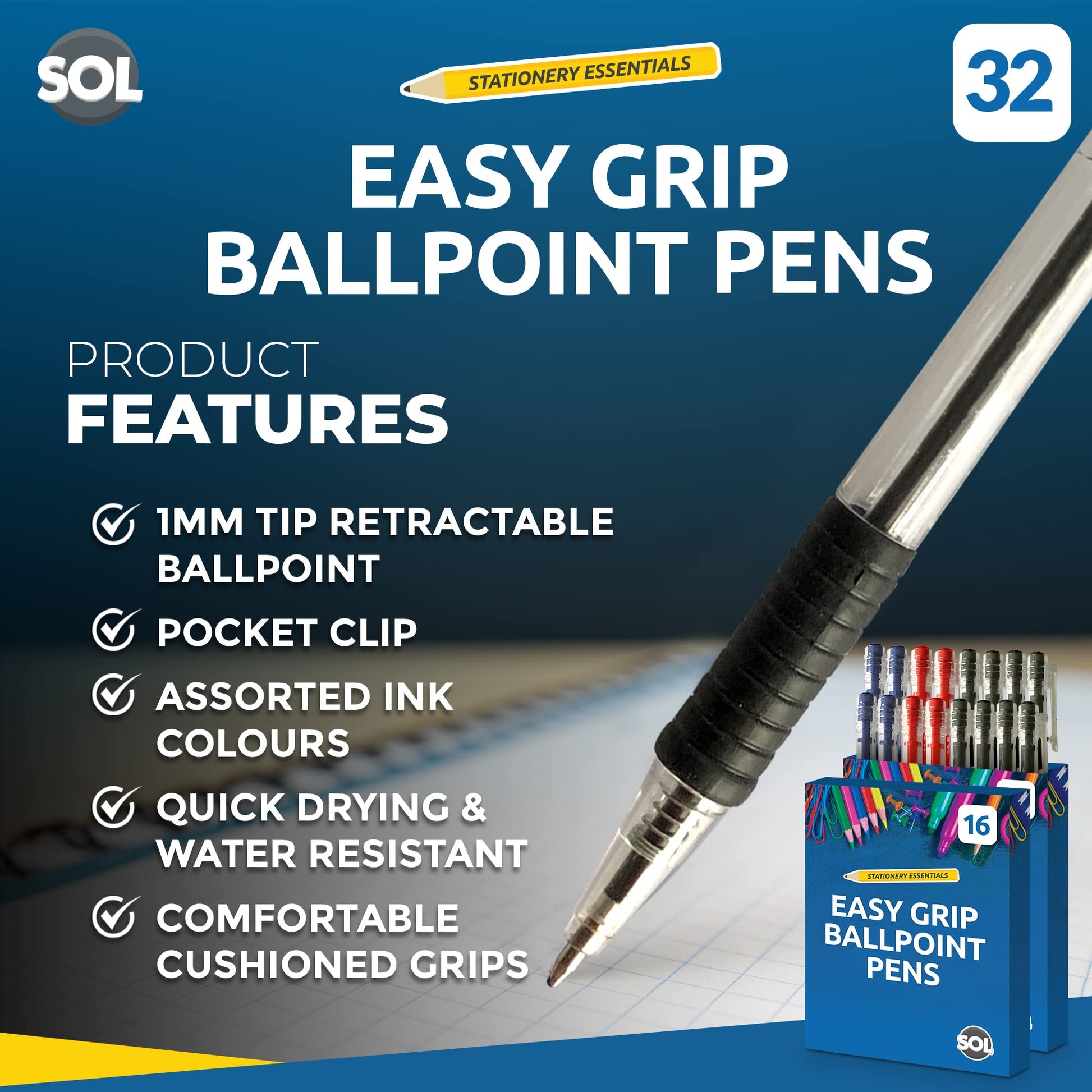 Retractable Ballpoint Pens Mixed Colours – 16 Pack