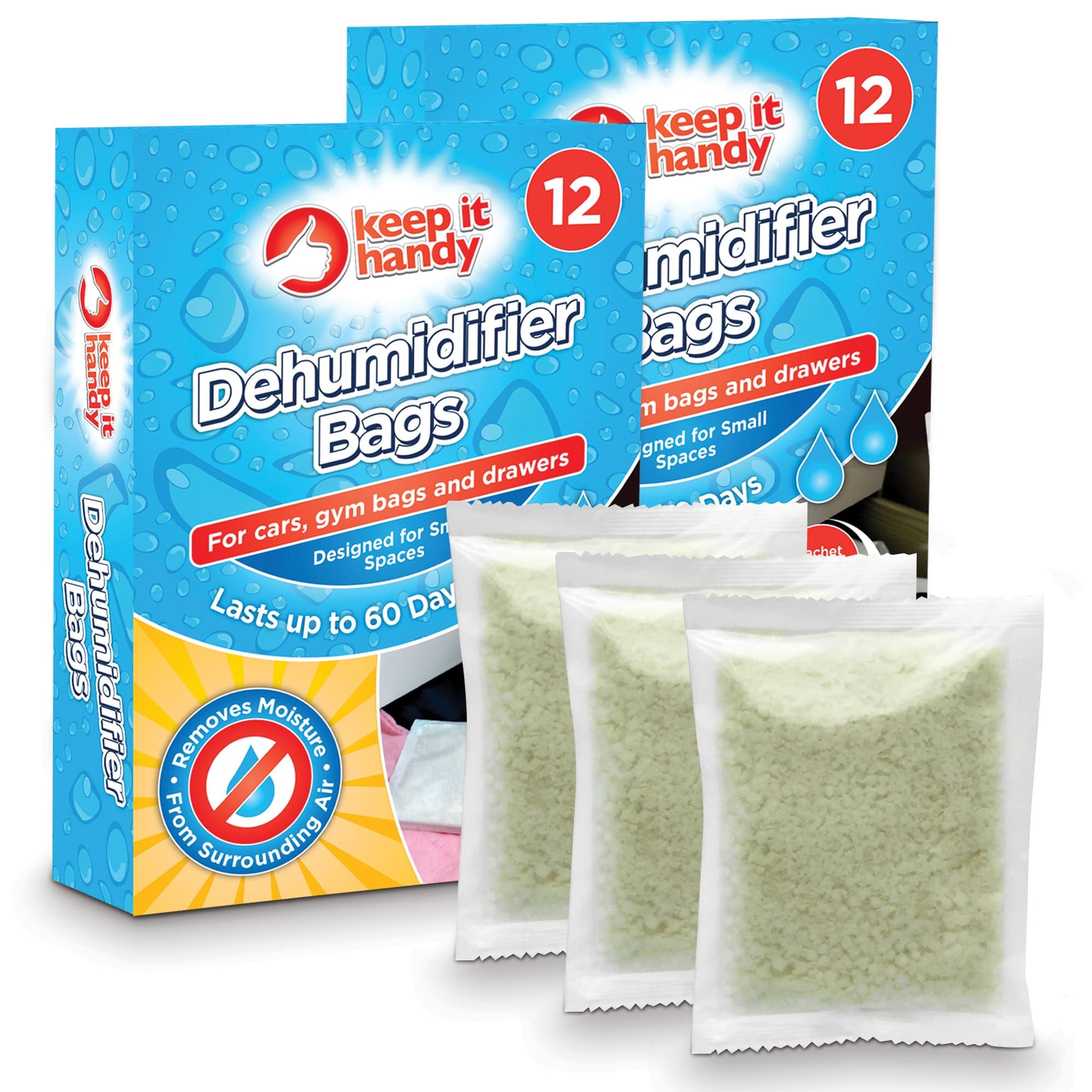 Dehumidifier bags packaging with text 'keep it handy' on a white background
