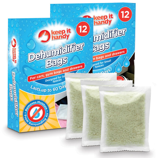 Dehumidifier bags packaging with text 'keep it handy' on a white background