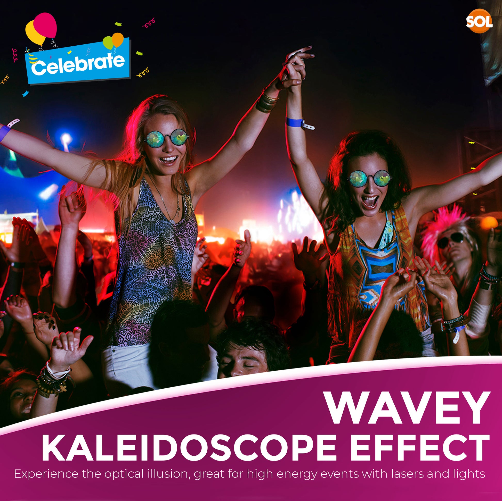 Kaleidoscope Glasses | Festival Rave Sunglasses Rainbow Lens | 2 Pack