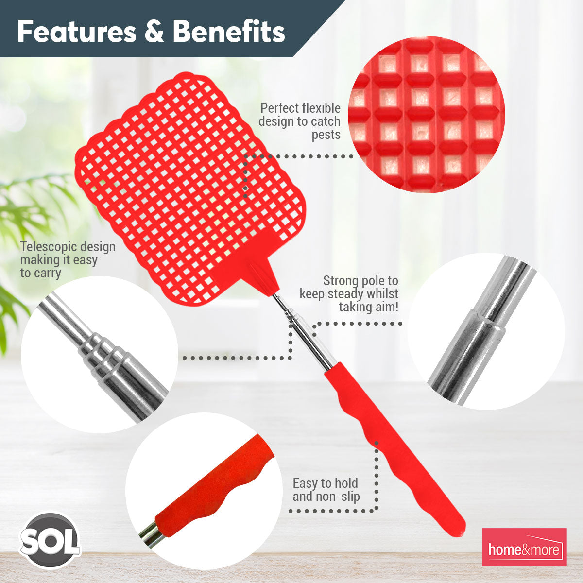 4pk Fly Swatter Telescopic Long Extendable 26-73cm Swat Bug Insect Mosquito Wasp