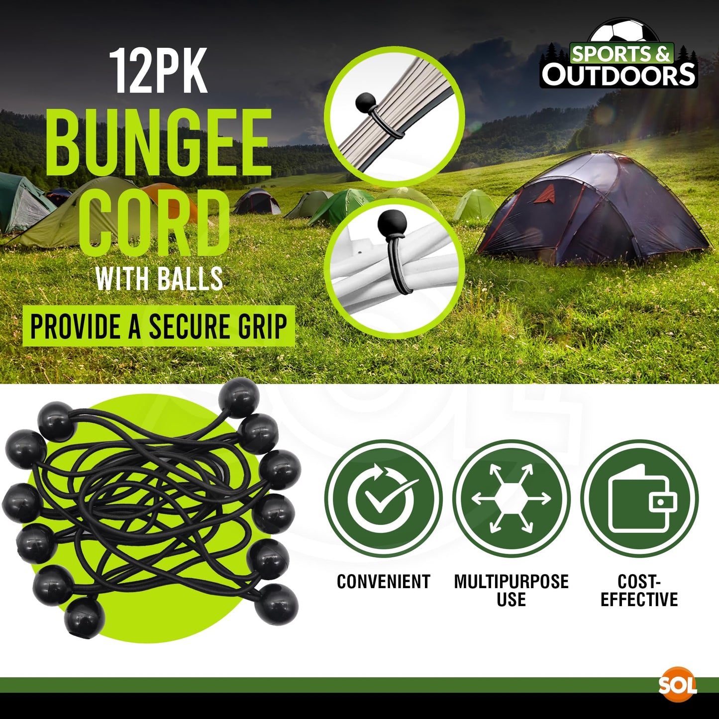 12-96pk Bungee Balls 6" Loops Black Elastic Shock Cord Tarpaulin Tarp Ties Tent