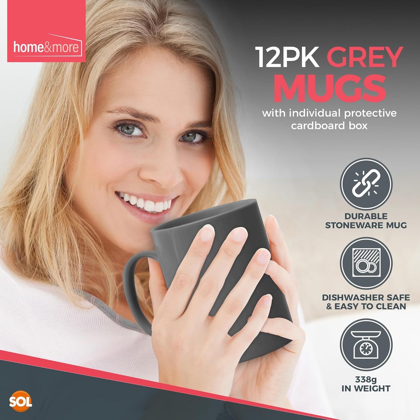 12-36 Set of GREY Mugs 330ml Large Stoneware Ceramic Coffee Tea Cup Bulk + Boxes