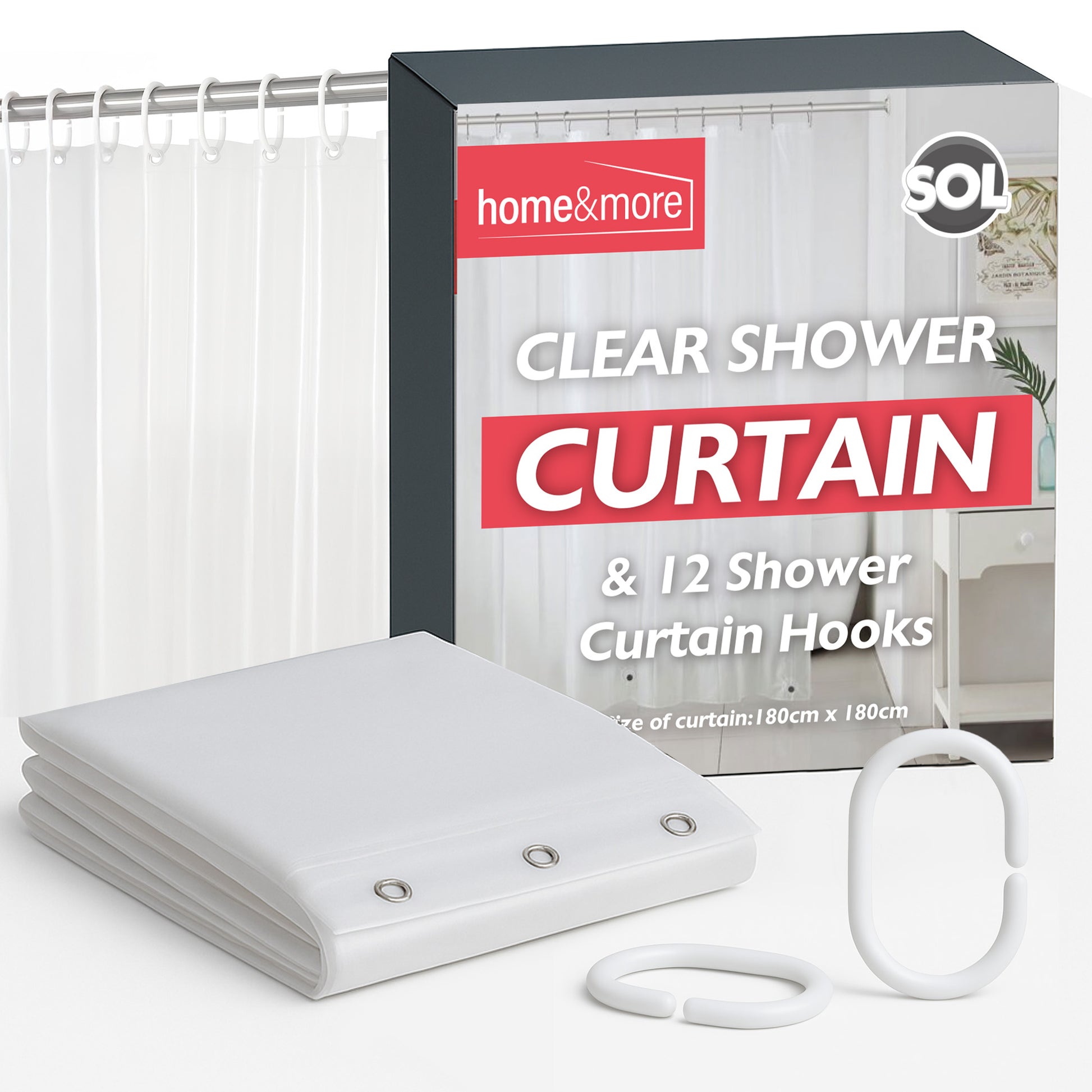 Shower Curtains Clear with Ring Hooks 180 x 180 cm Bathroom Waterproof Polyester