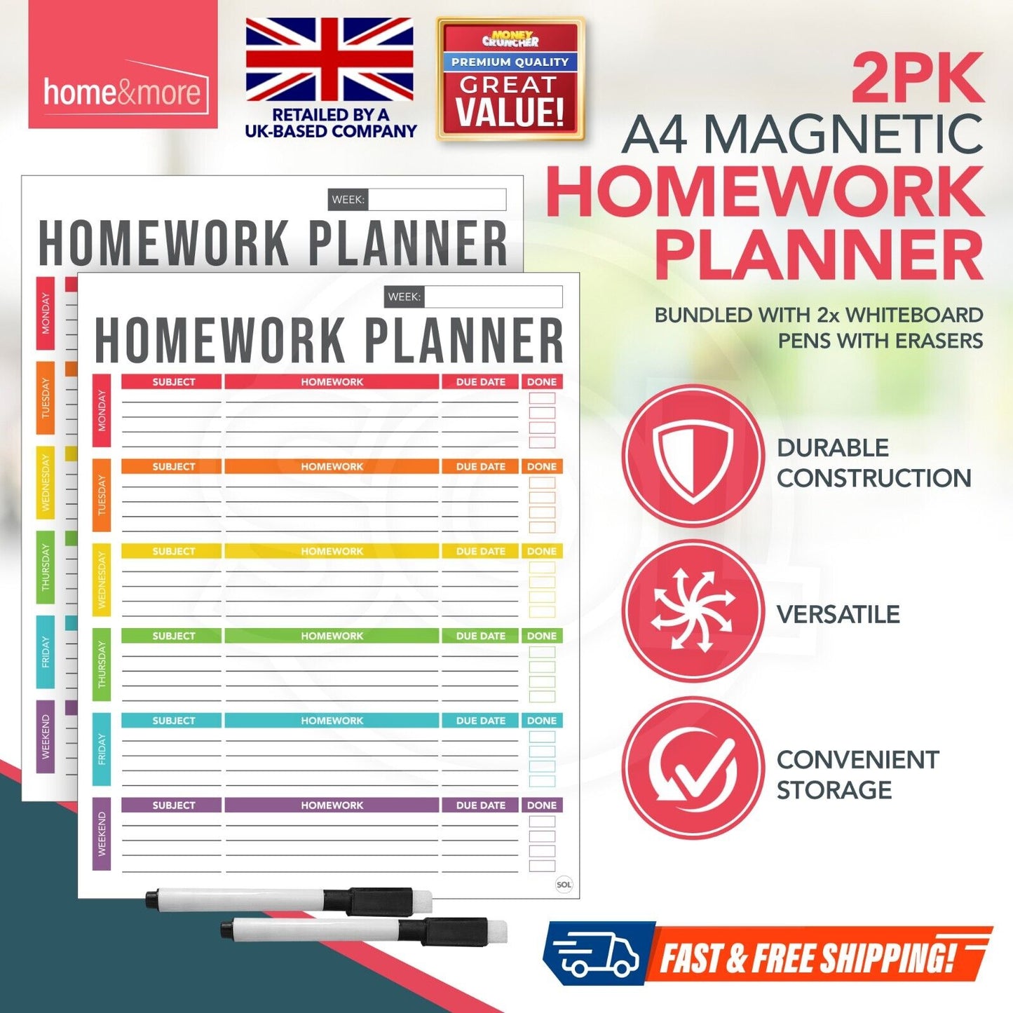 2pk Magnetic Homework Study Planner A4 Weekly Daily Revision Tracker + Wipe Pens