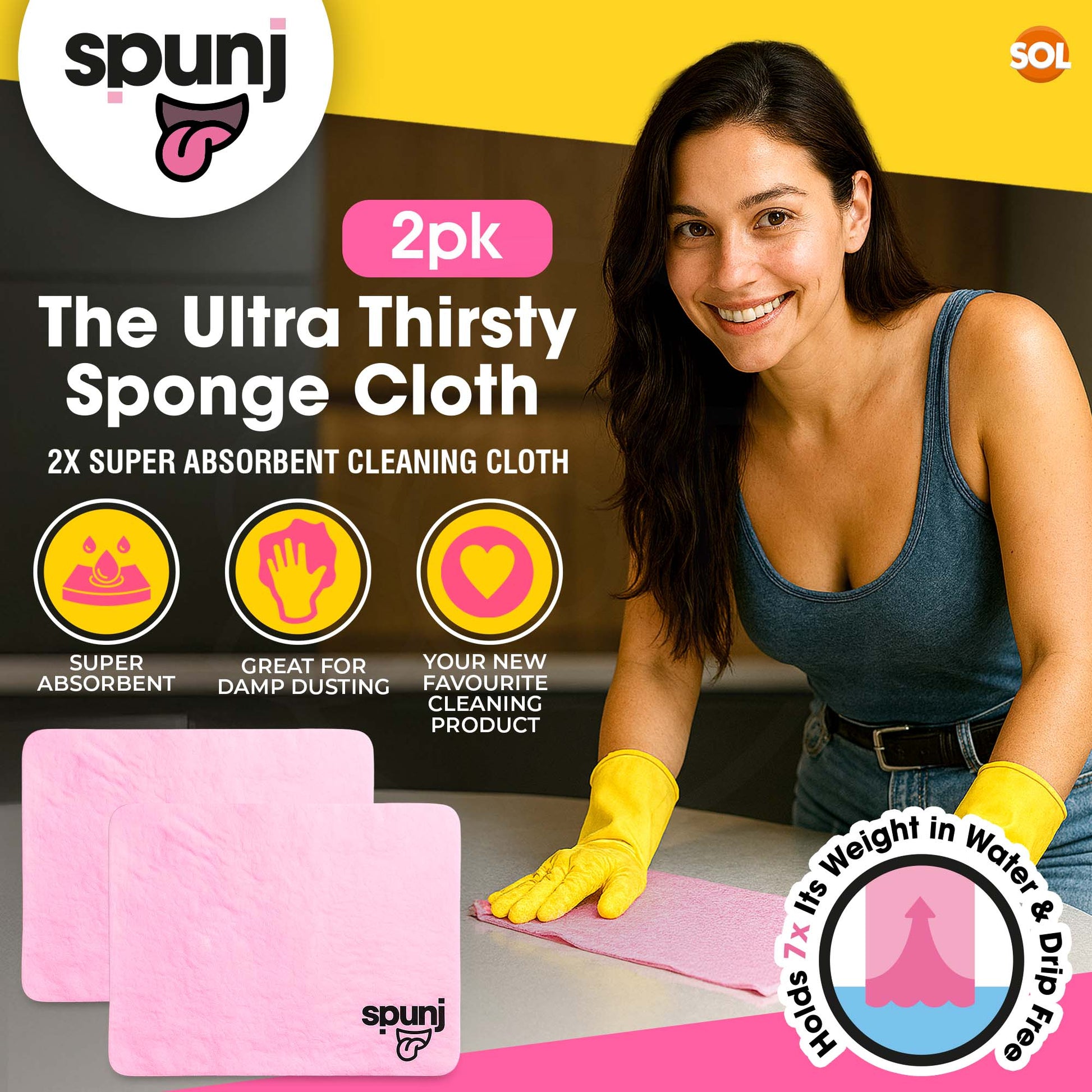 2X Spunj Cleaning Cloth Pink Sponge Huge Super Absorbent Kitchen Washing Car Pad