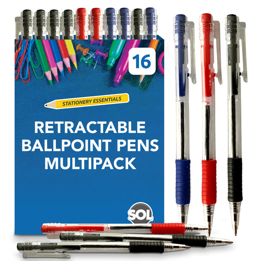 16-64 Blue Red Black Retractable Ballpoint Pens Biros 1.0mm Ink Smooth Grip Tip