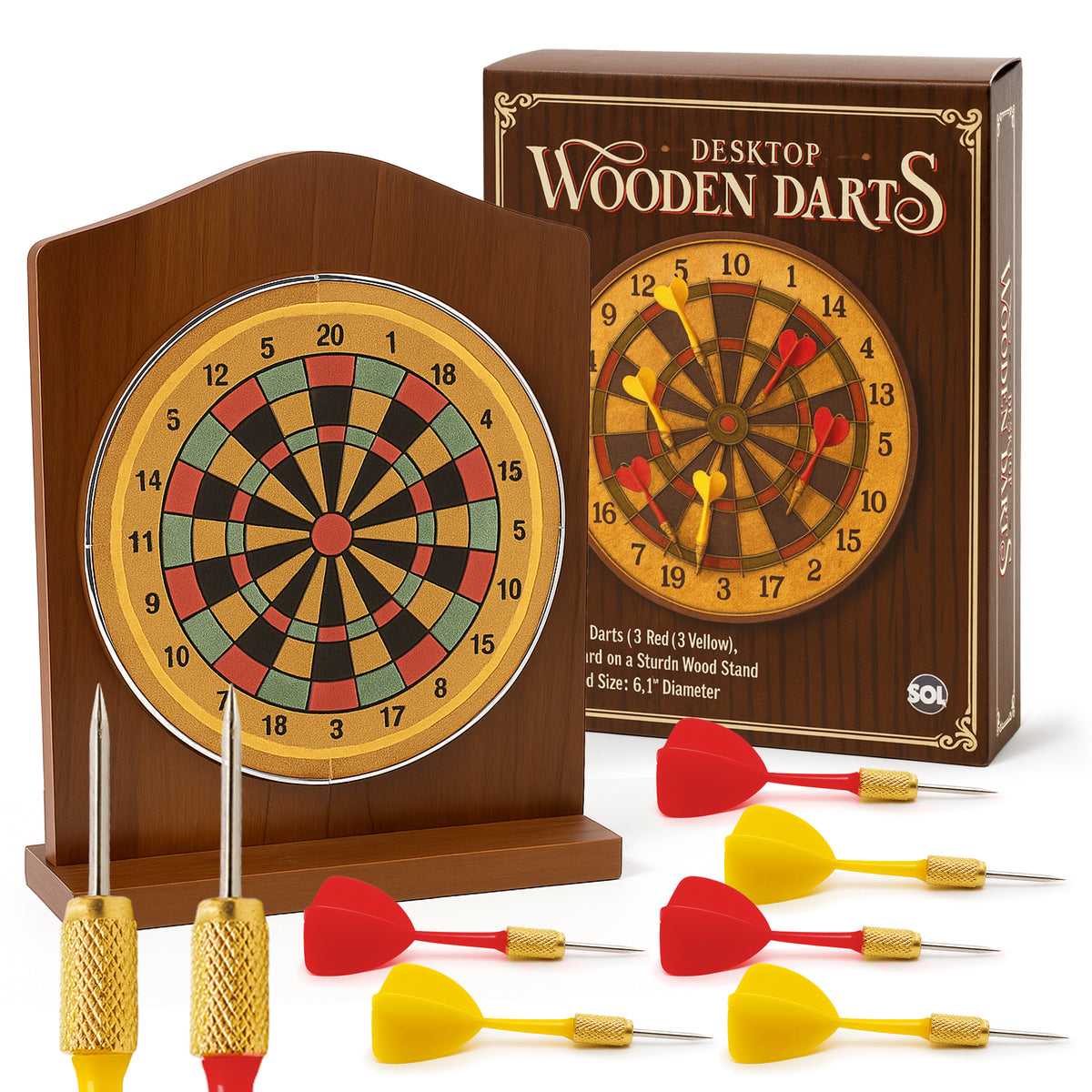 SOL Desktop Wooden Dart Board Set - Compact Tabletop Game for Ages 14+