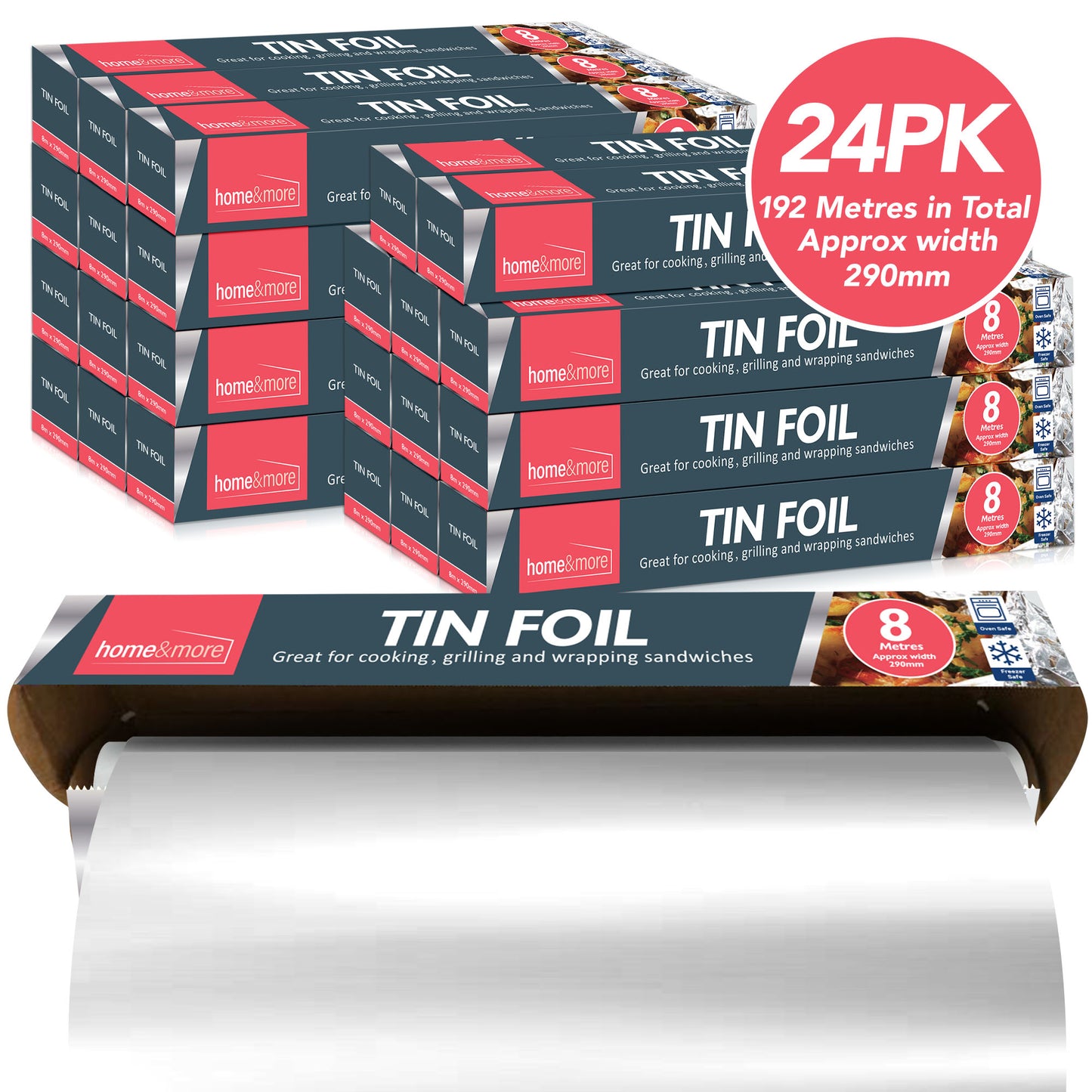 SOL 24pk Tin Foil 192m in Total - 8m x 29cm Large Size - Non-Stick Tin Foil for Wrapping, Grilling, BBQ & Baking – Heavy-Duty Silver Cooking Foil with Cutter