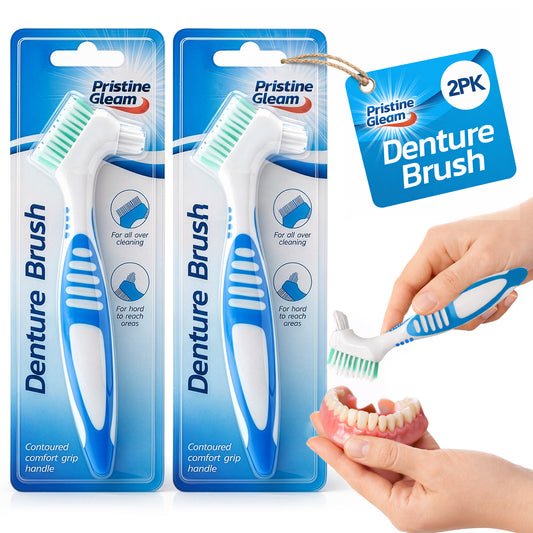 SOL 2pk Denture Brush – Dual Angled Heads with Soft Bristles for Hard-to-Reach Areas, Ideal Oral Hygiene Solution for False Teeth and Oral Appliance, Comfortable, Non-Slip Grip Handle Retainer Cleaner