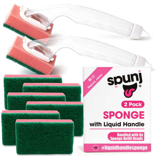 spunj 2 Pack Sponge with Liquid Handle Bundled with 6x Refill Heads - Liquid Handle Sponge for Super Fun Easy Cleaning and Dishwashing, Built in Soap Dispenser & Replaceable Heads