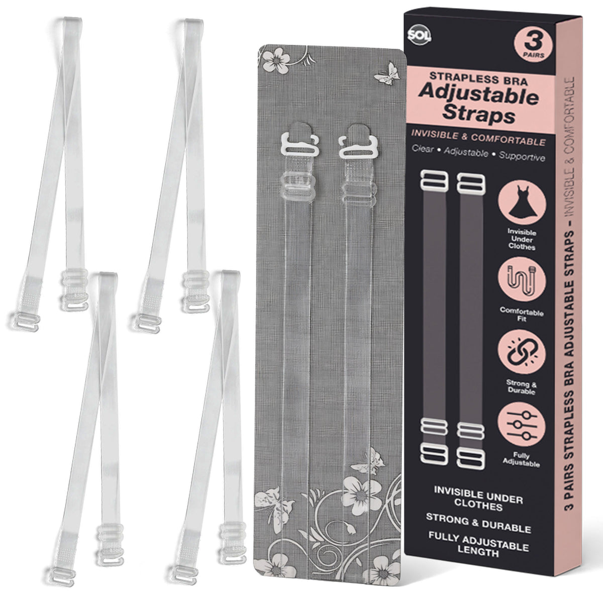 SOL 3 Pairs Clear Bra Straps - Adjustable Invisible Silicone Design