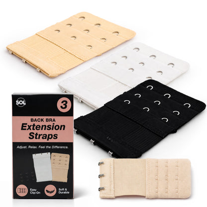 SOL 3pk Bra Extenders with 3 Hooks - Black, White and Skin Colour Shades