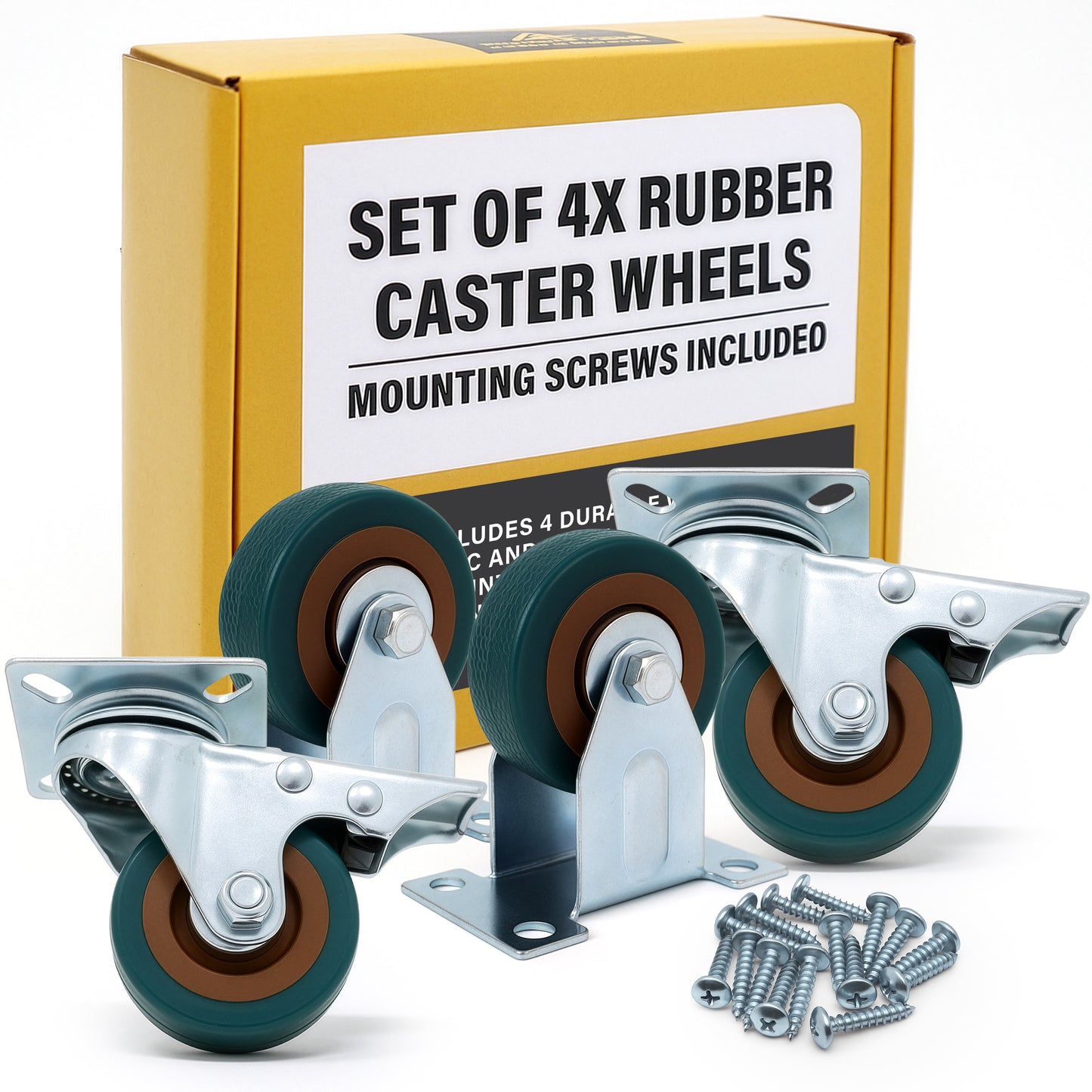 SOL 4pk Rubber Caster Wheels with 16 Nails - Smooth Rolling Castors