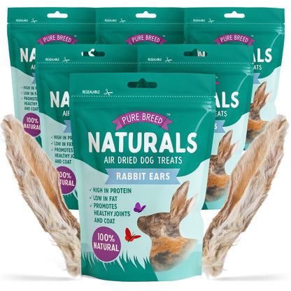 Pure Breed Rabbit Ears with Fur for Dogs – 300g (6 × 50g Bags) 100% Natural Air-Dried Chews Long-Lasting Snacks Grain-Free Single Ingredient Low Calories Rabbits Ears with Fur For Dogs Happy Pooch