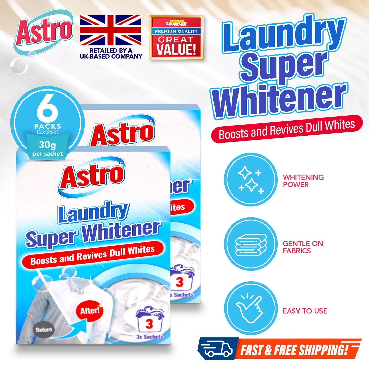 6pk Laundry Super Whitener Oxi White Washing Powder 2 x 3 Sachets All Fabrics